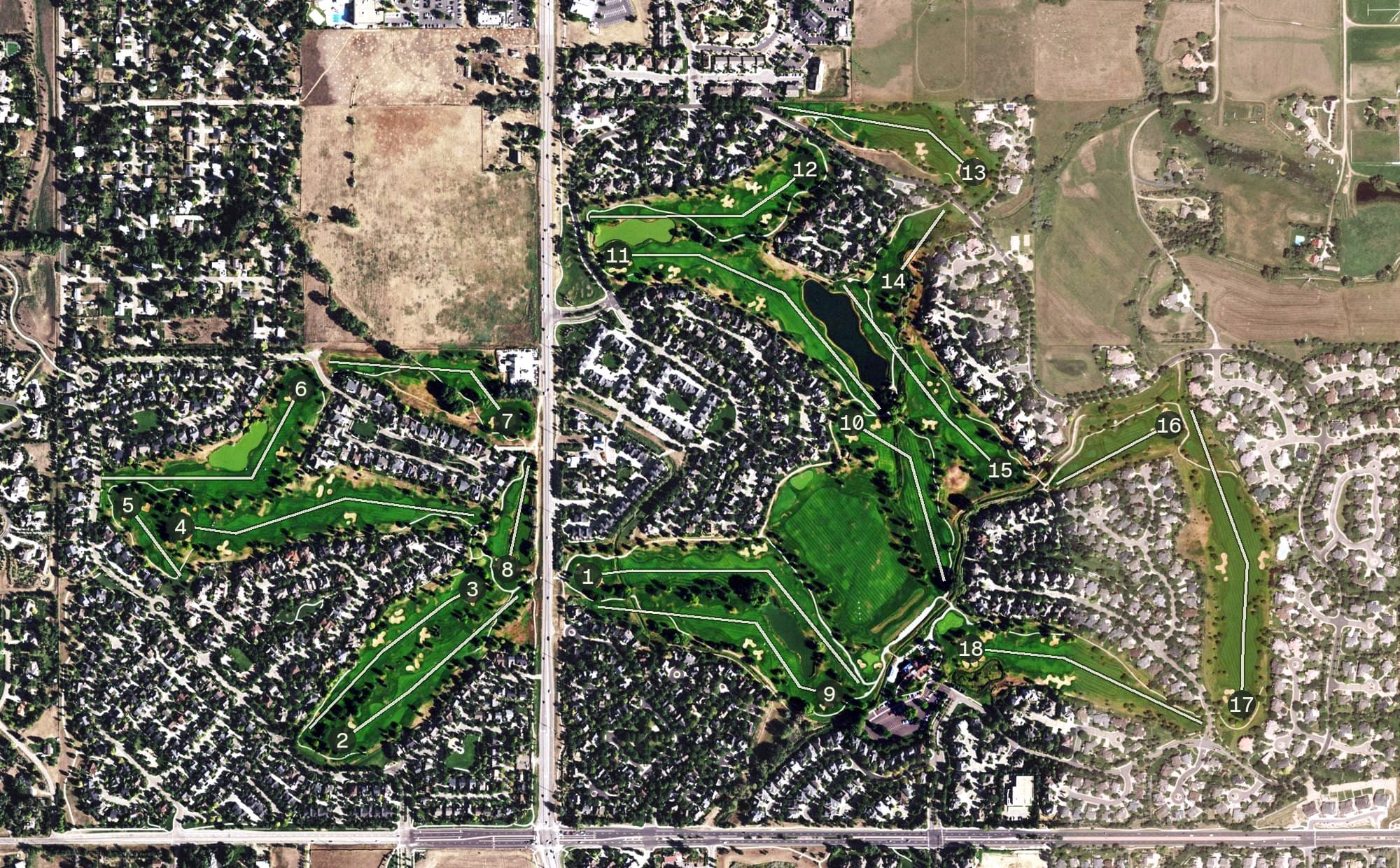 Aerial view of Indian Peaks Golf Course, CO, with its hole routing marked