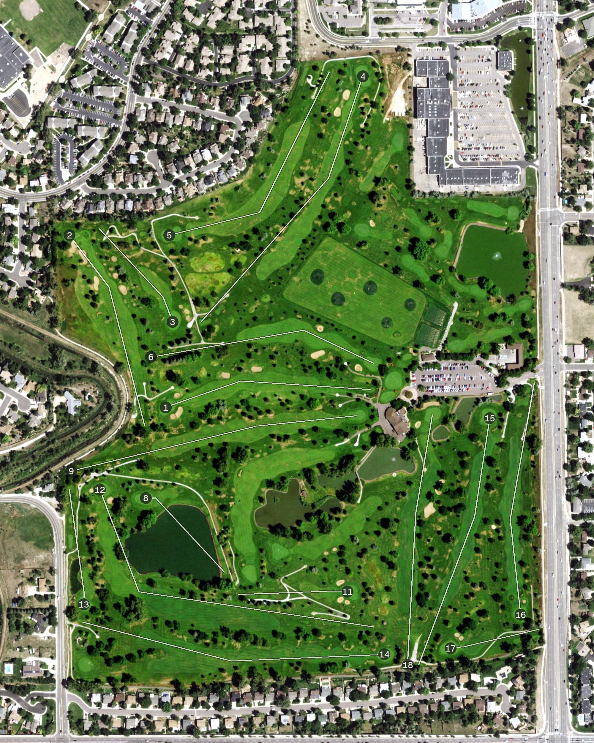 Aerial view of Indian Tree Golf Club, CO, with its hole routing marked