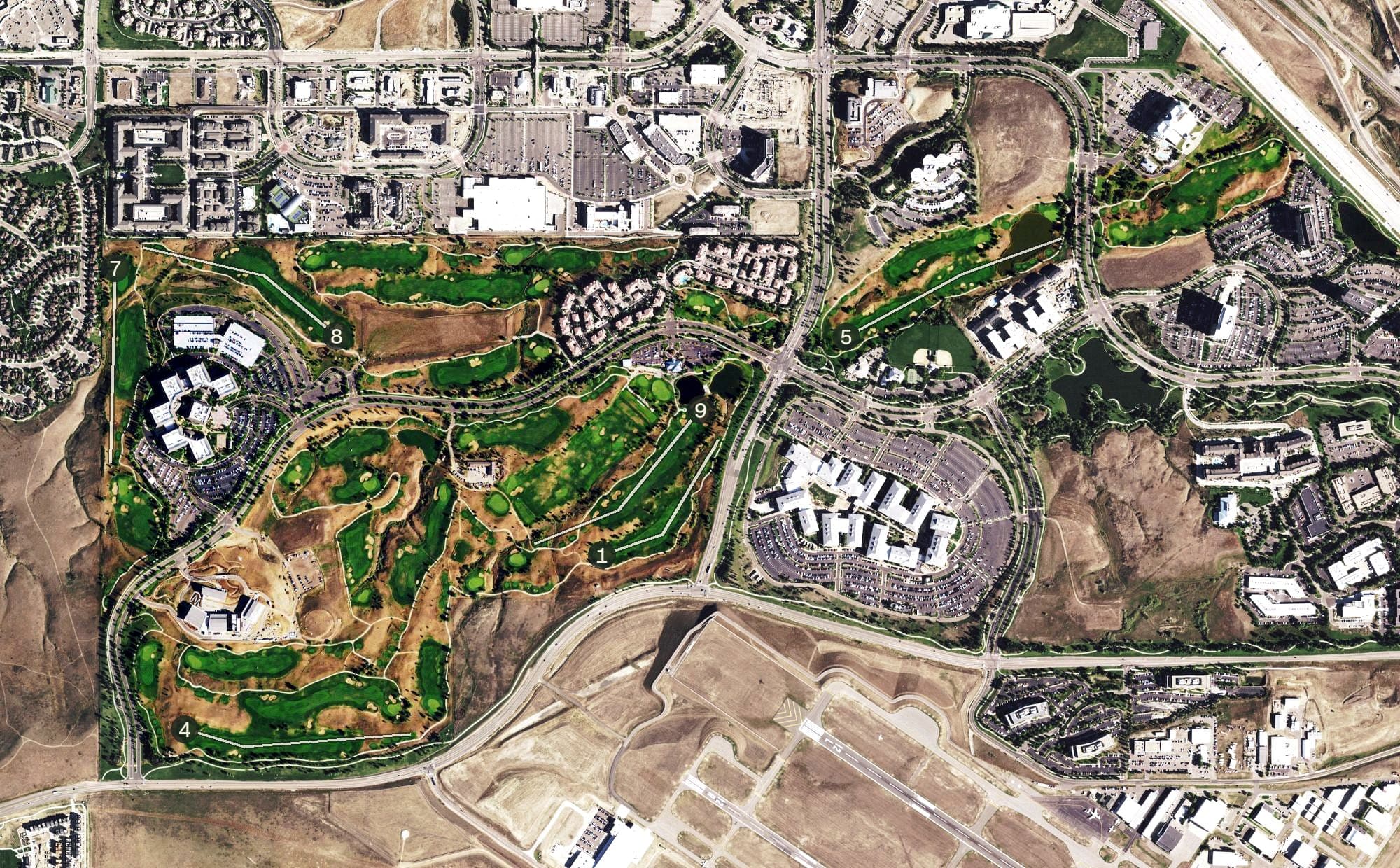 Aerial view of Interlocken Golf Course, CO, with its hole routing marked