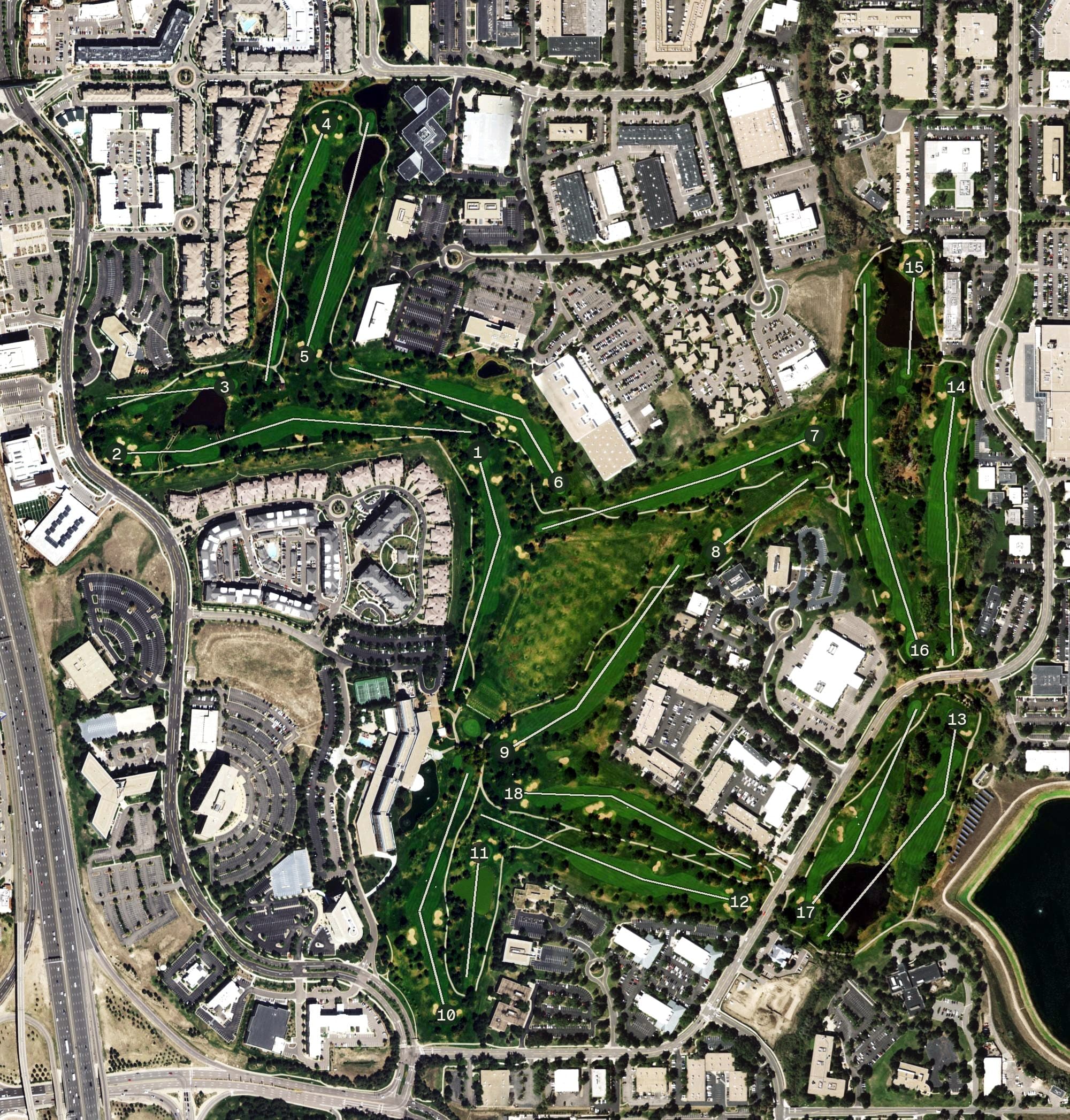 Aerial view of Inverness Golf Course, CO, with its hole routing marked