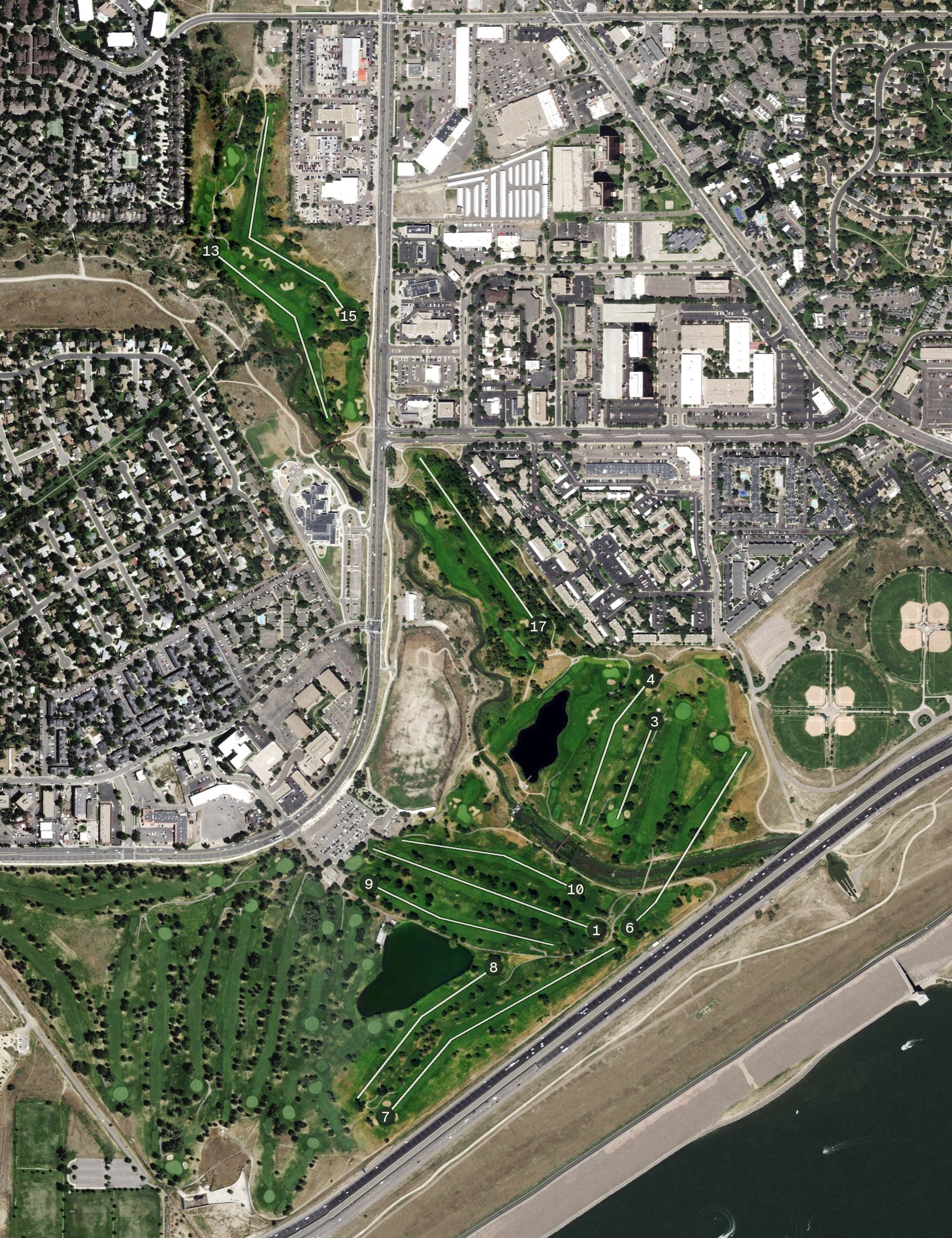 Aerial view of Kennedy 18-Hole Course, CO, with its hole routing marked