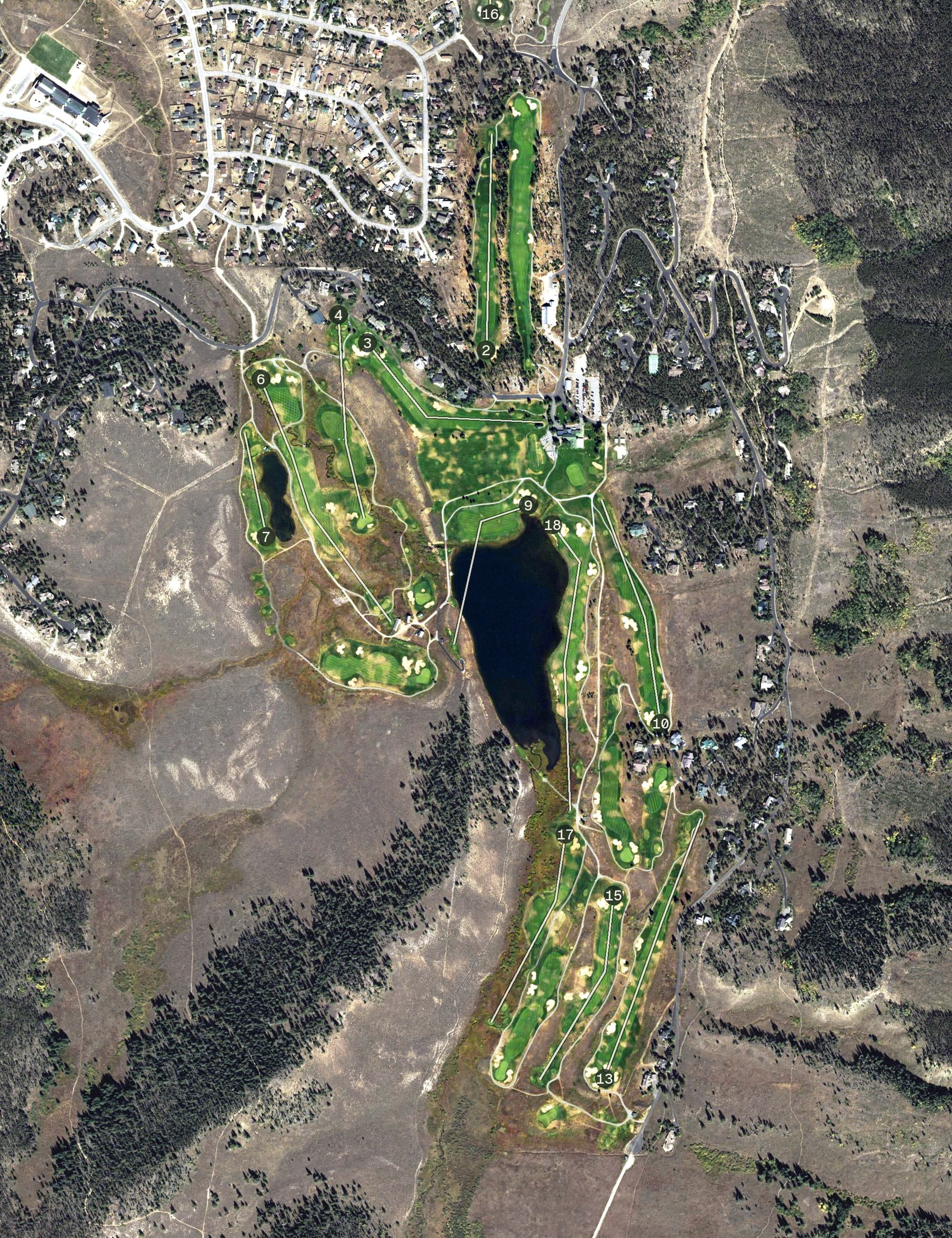 Aerial view of Keystone Ranch Course, CO, with its hole routing marked