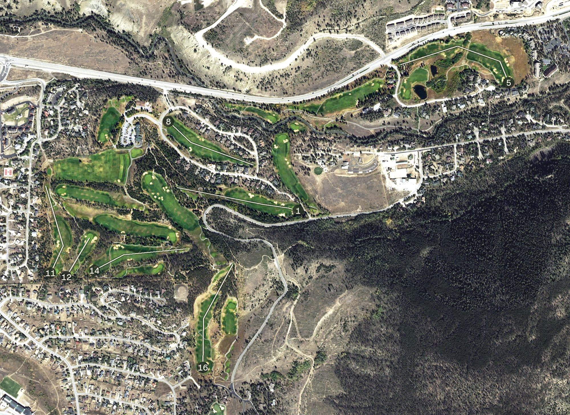 Aerial view of Keystone River Course, CO, with its hole routing marked