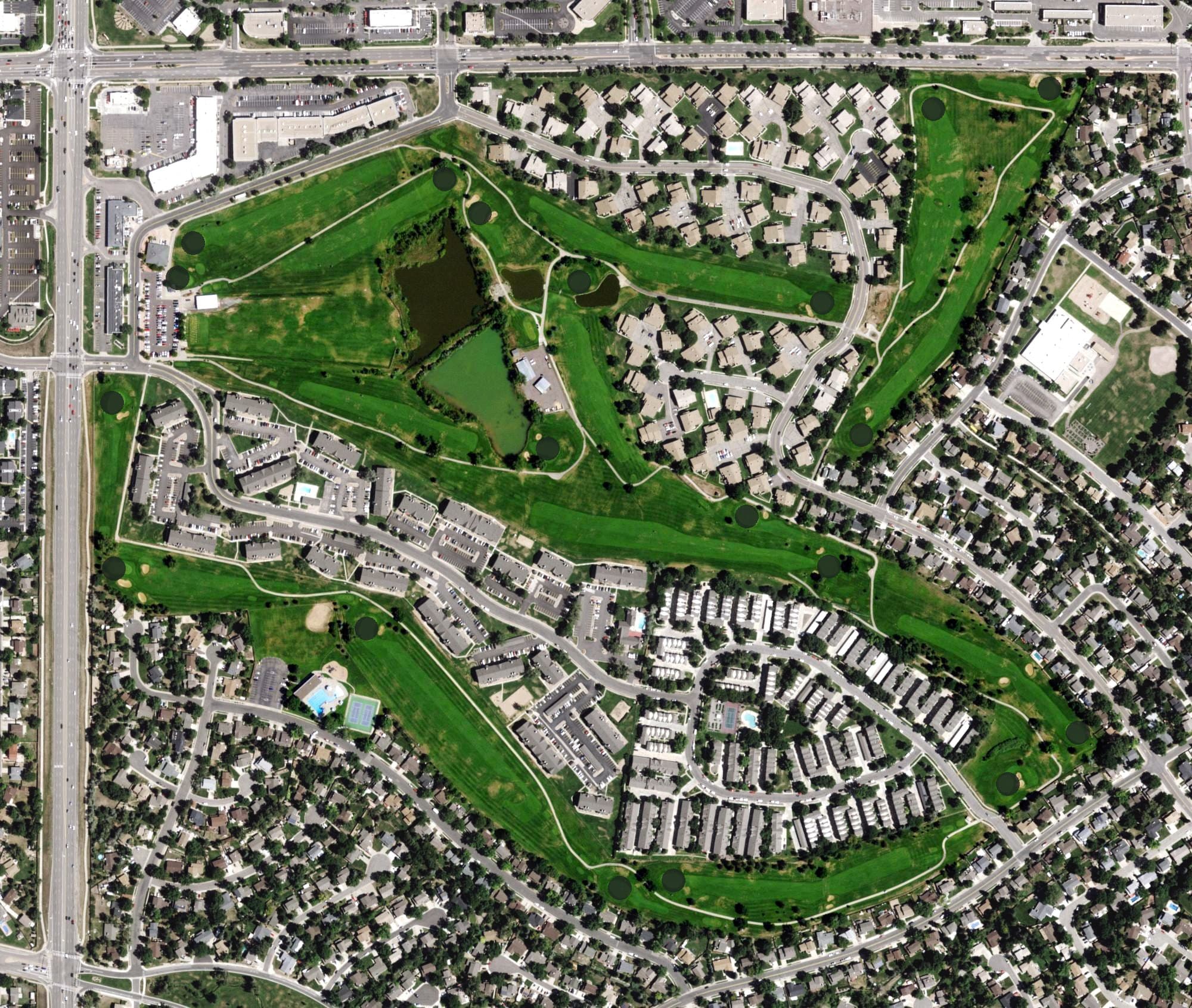 Aerial view of Lake Arbor Golf Club, CO, with its hole routing marked
