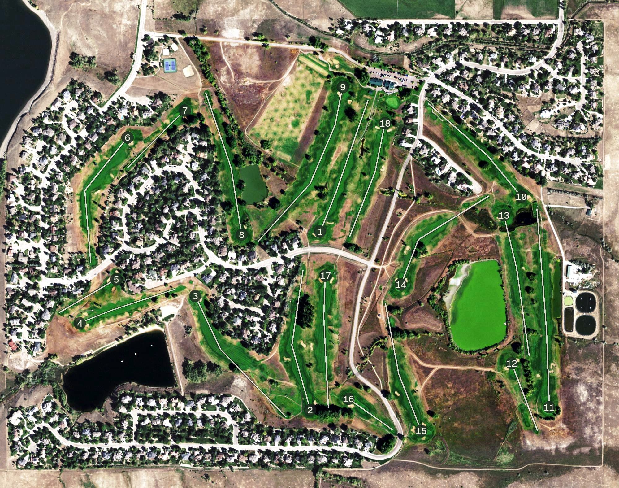Aerial view of Lake Valley Golf Club, CO, with its hole routing marked