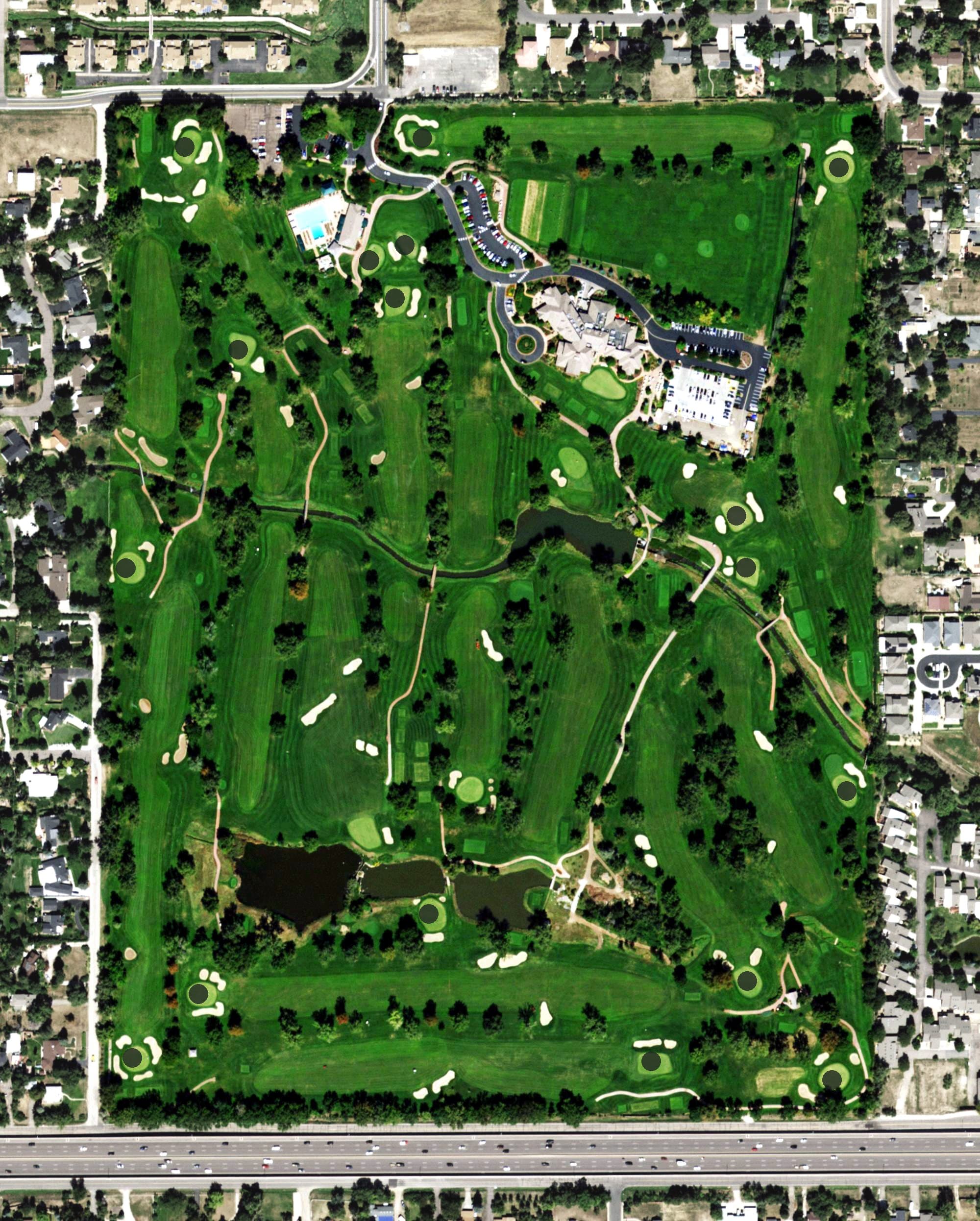 Aerial view of Lakewood Country Club, CO, with its hole routing marked