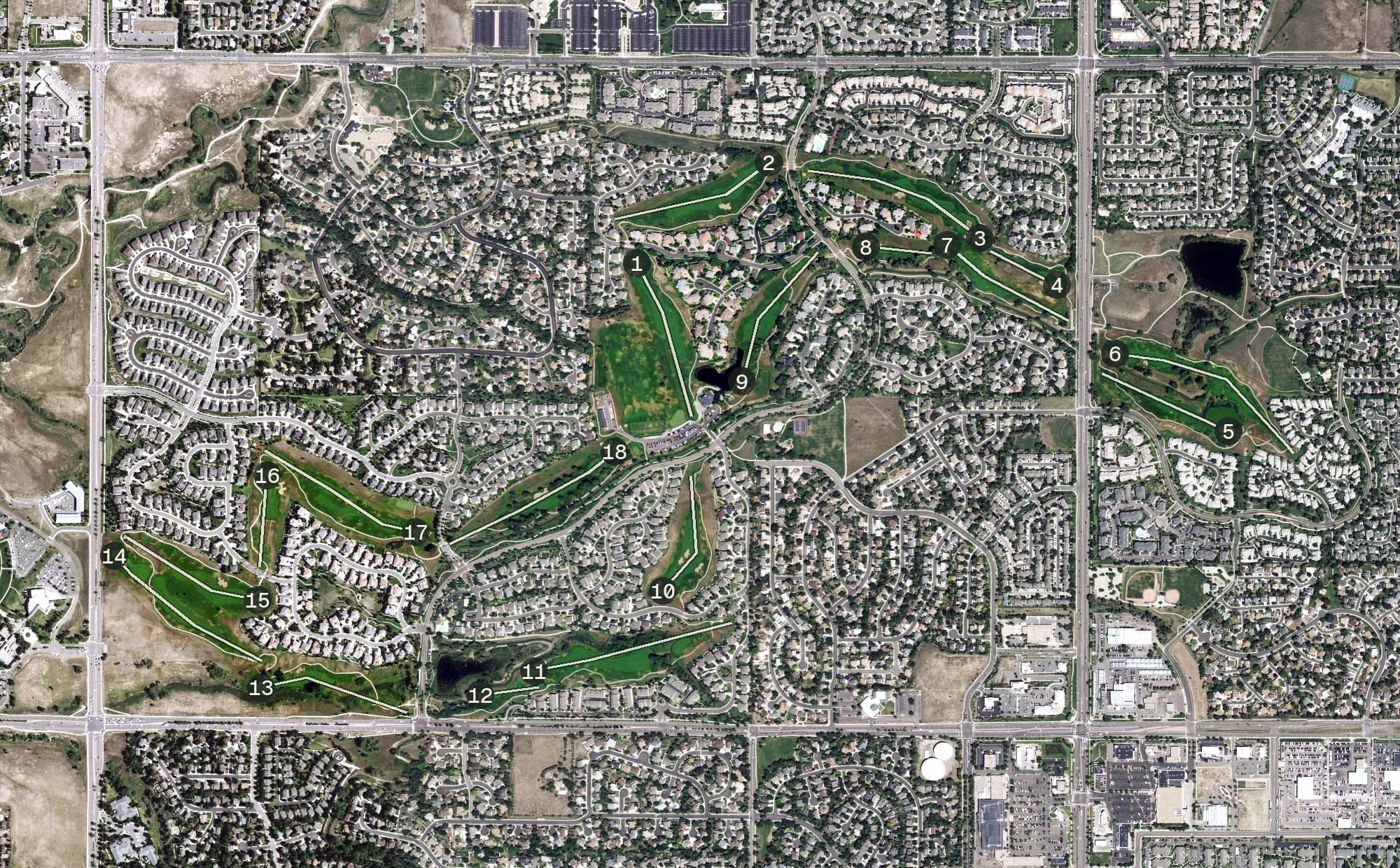 Aerial view of Legacy Ridge, CO, with its hole routing marked