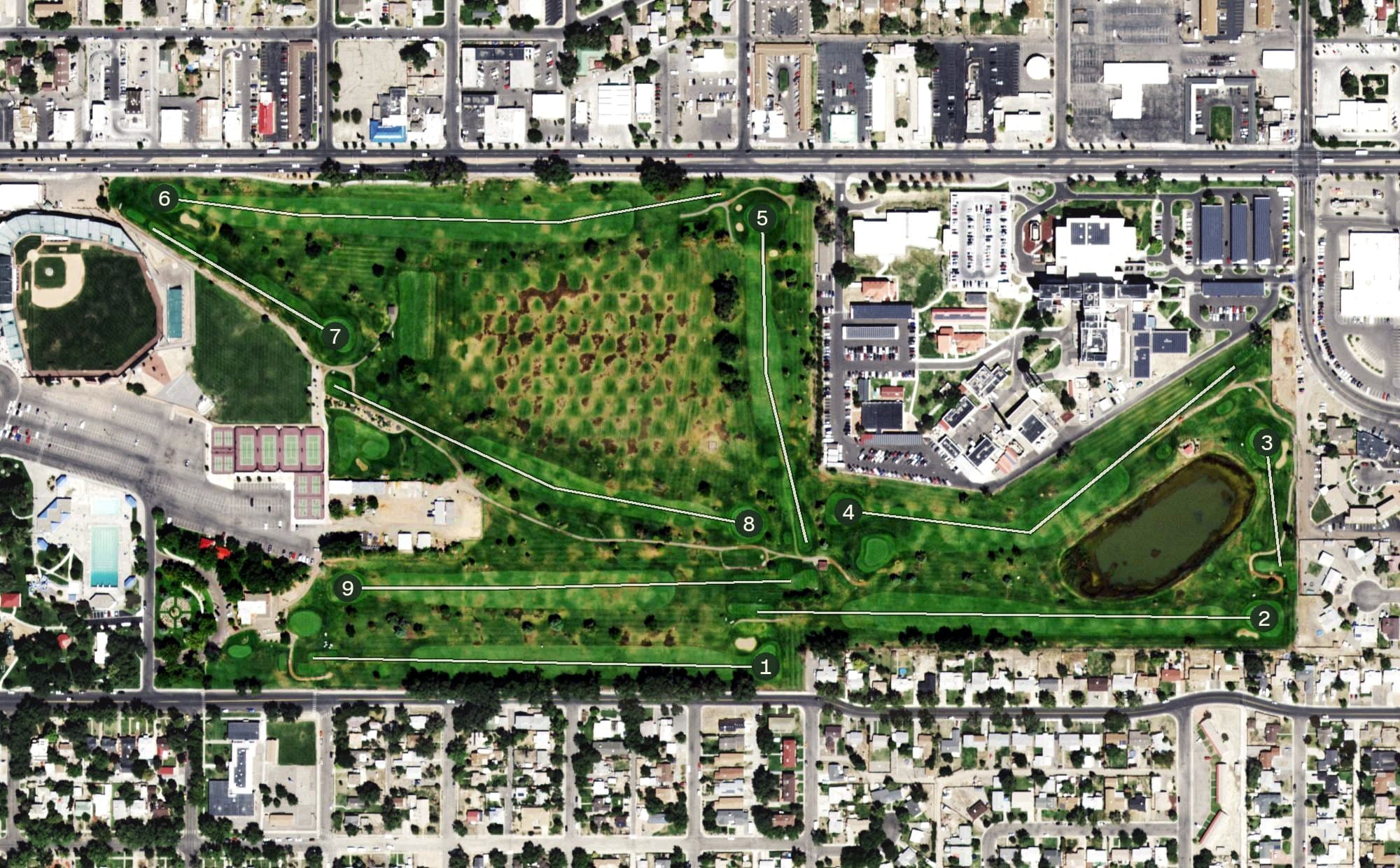Aerial view of Lincoln Park Golf Course, CO, with its hole routing marked