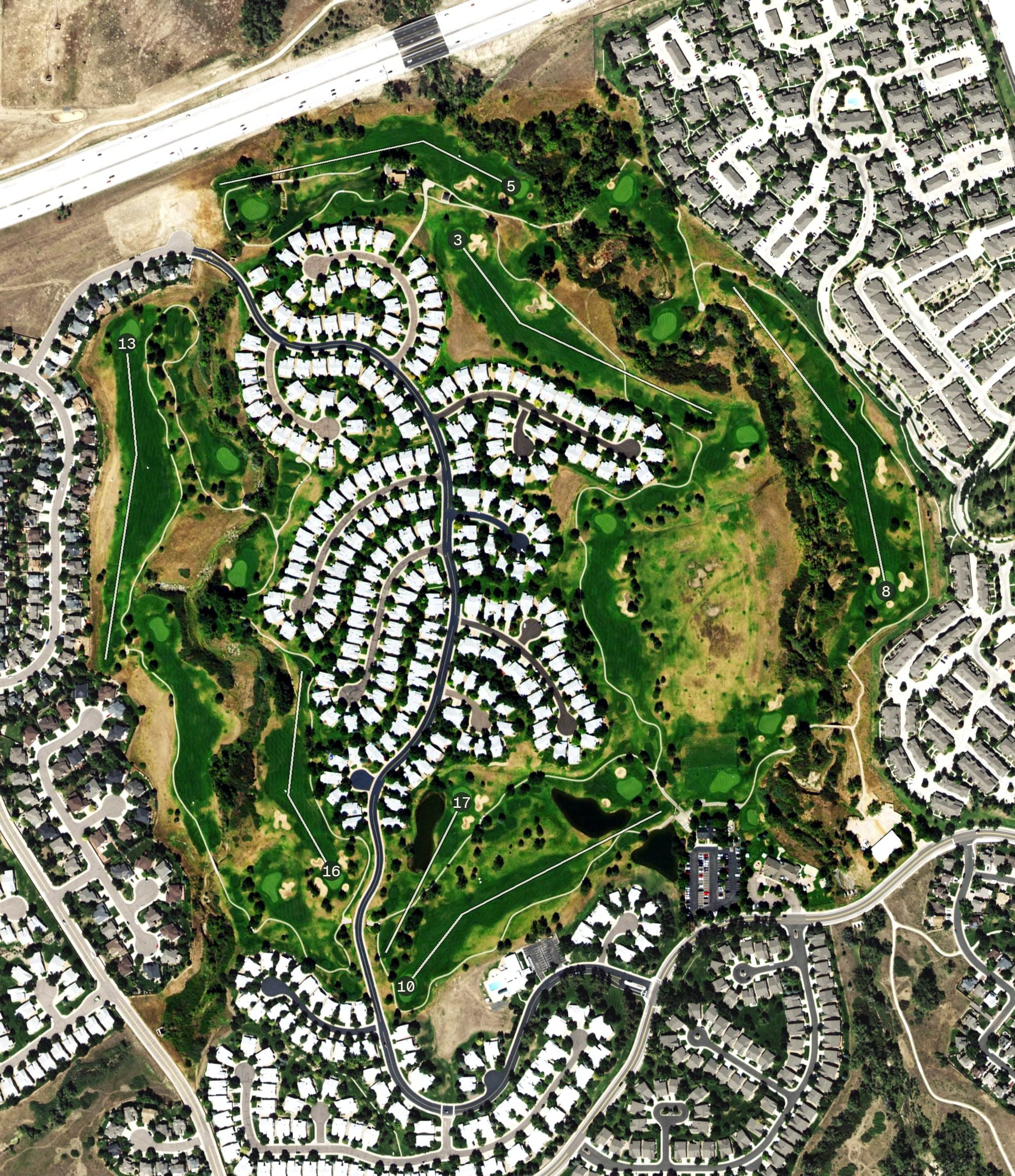 Aerial view of Links Golf Course, CO, with its hole routing marked
