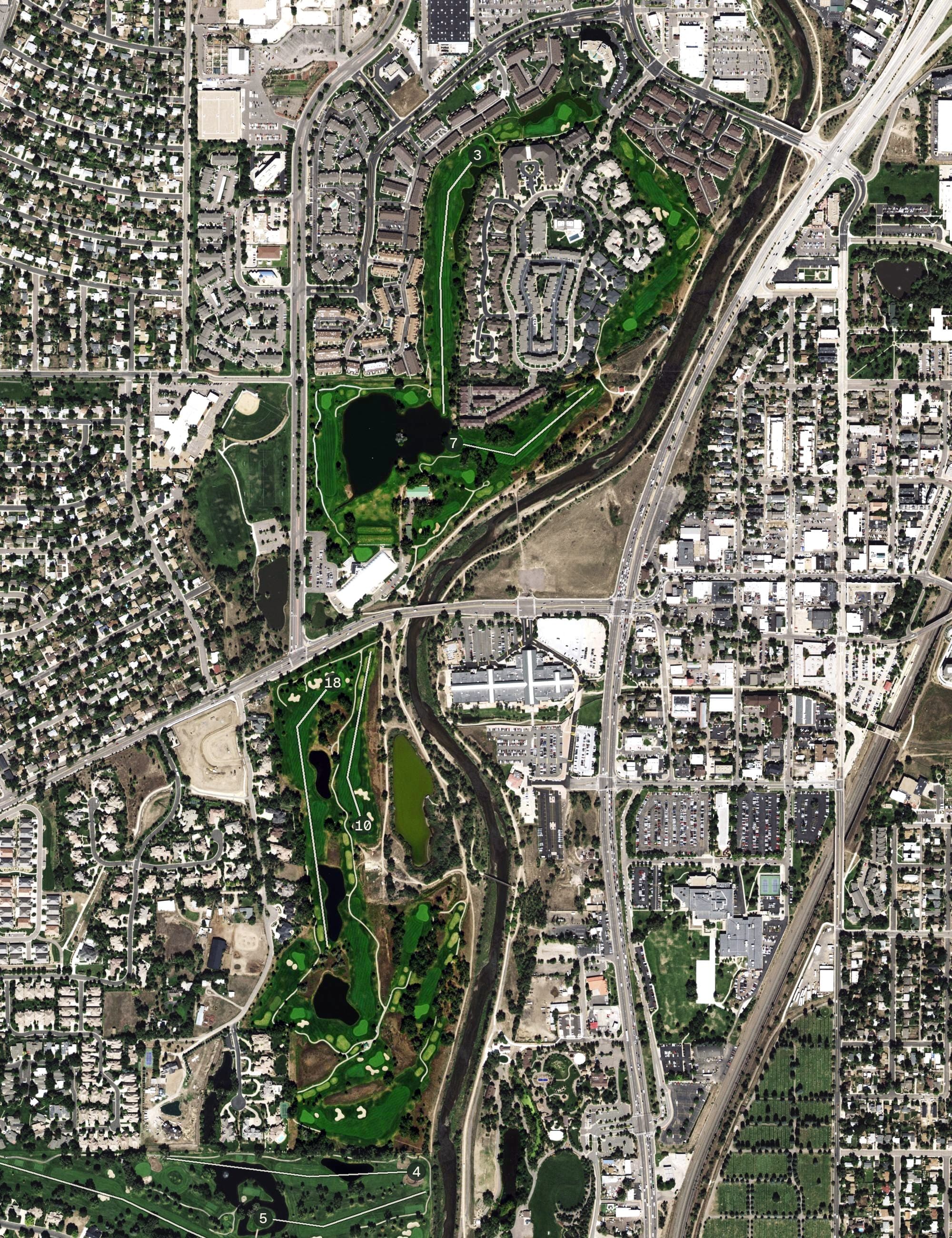 Aerial view of Littleton Golf Course, CO, with its hole routing marked