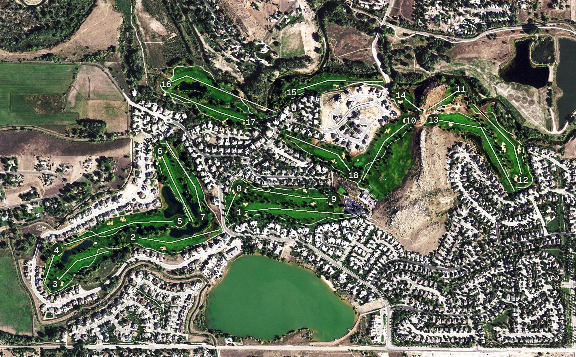 Aerial view of Mariana Butte Golf Course, CO, with its hole routing marked