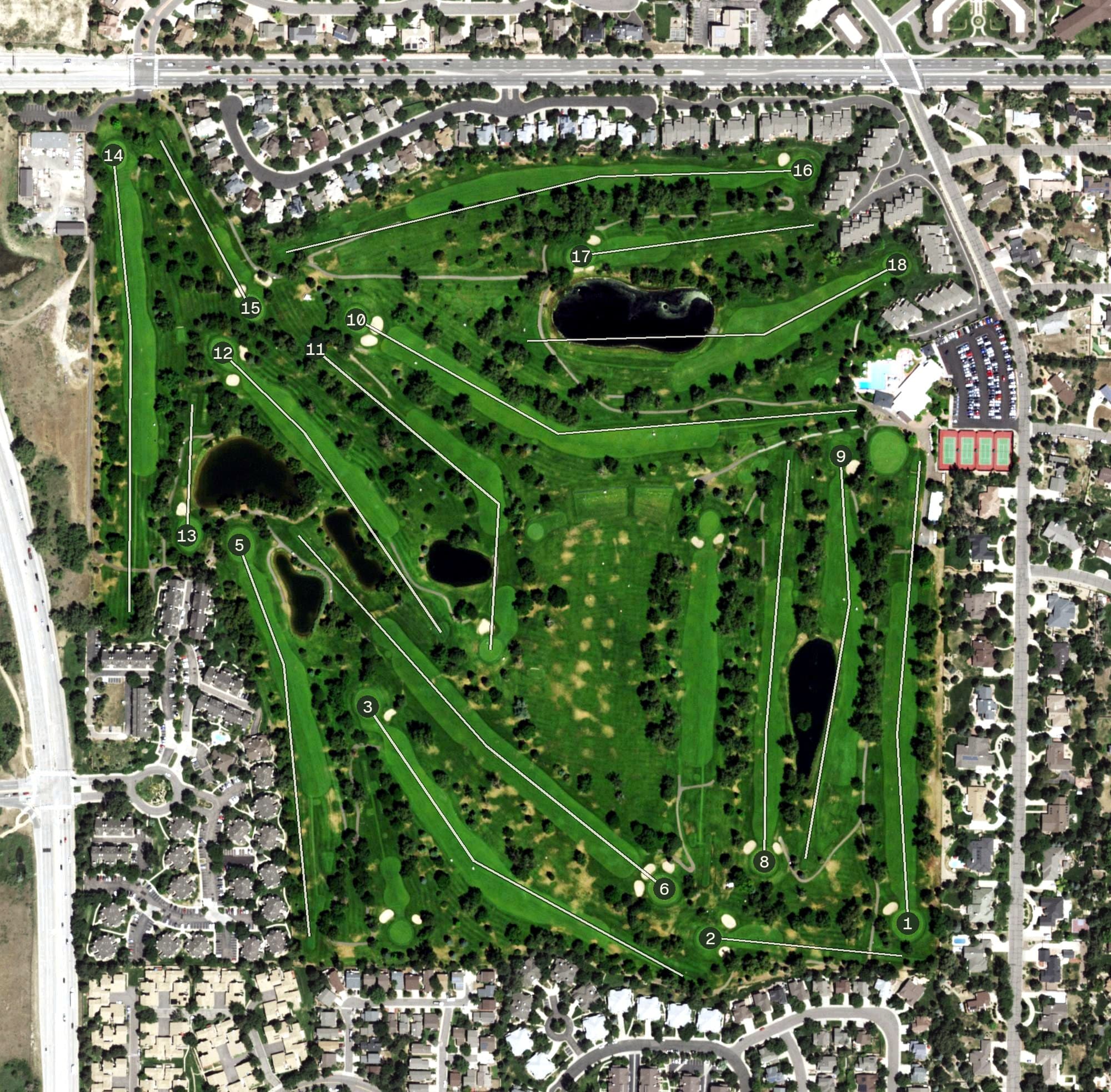 Aerial view of Meadow Hills Golf Course, CO, with its hole routing marked
