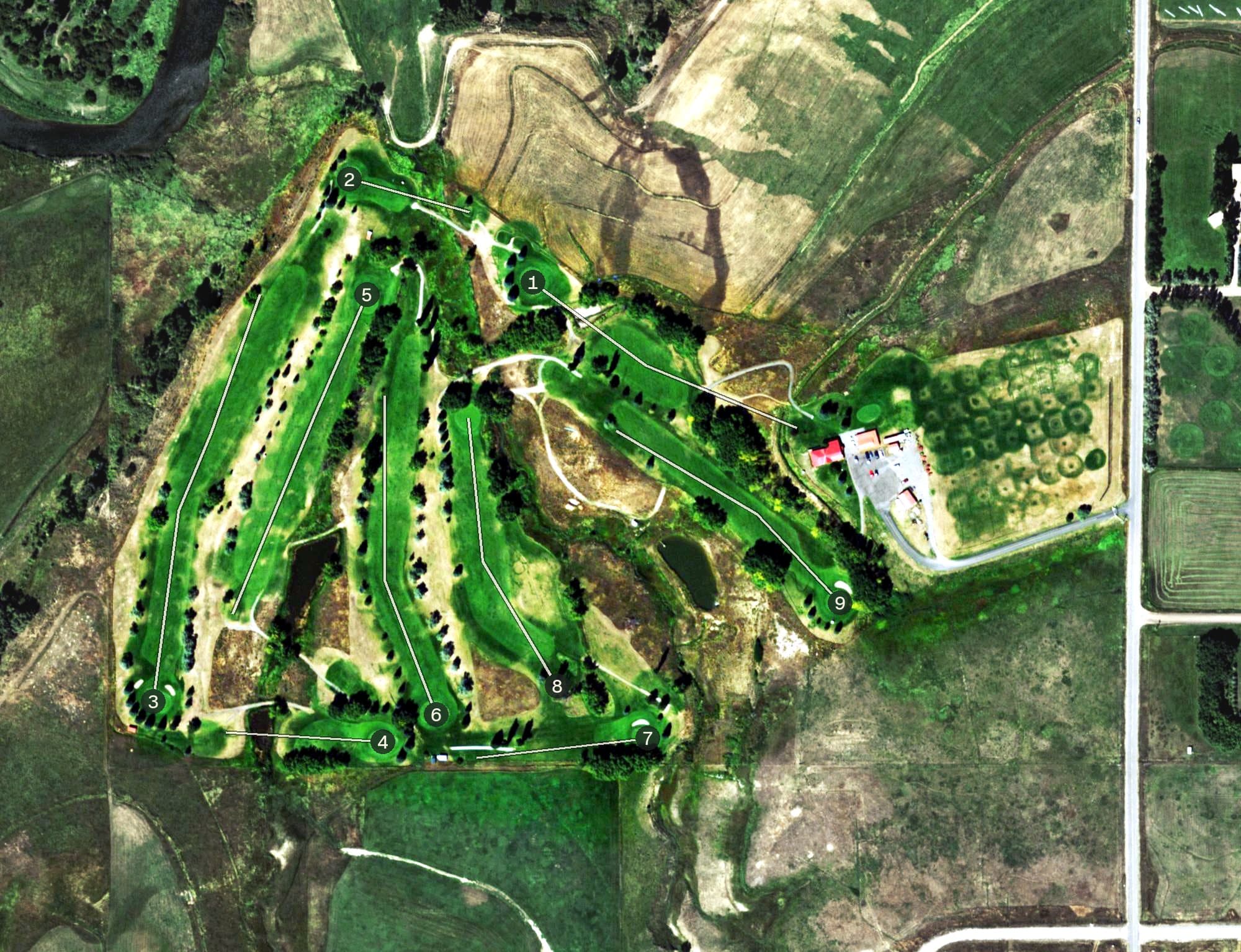 Aerial view of Meeker Golf Course, CO, with its hole routing marked