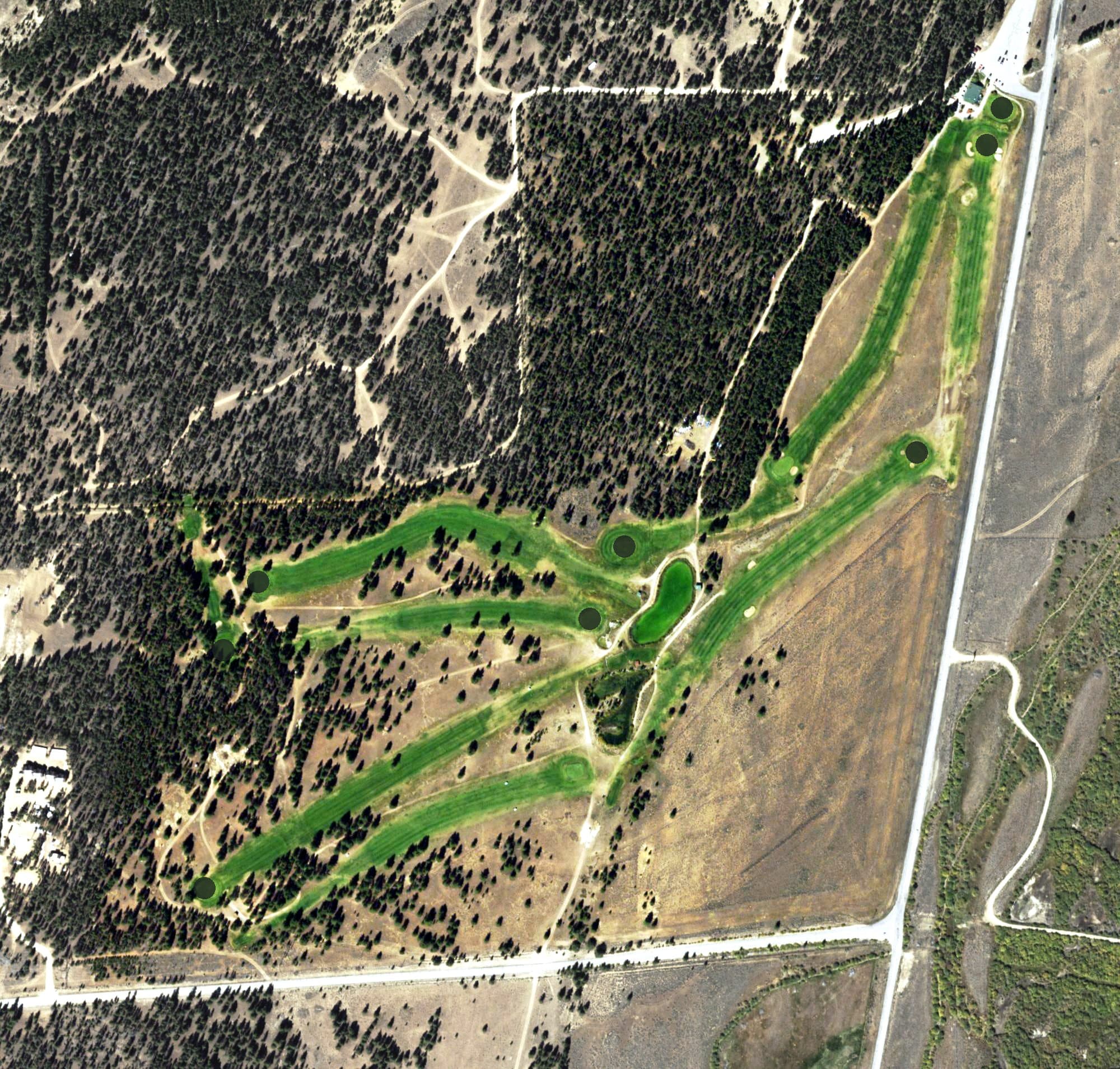 Aerial view of Mount Massive Golf Course, CO, with its hole routing marked