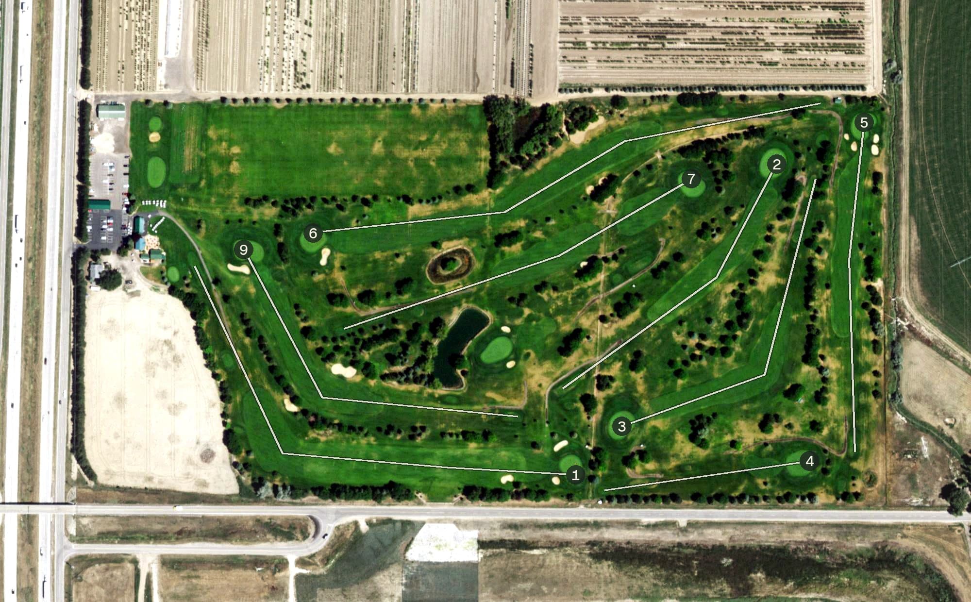 Aerial view of Mountain Vista Golf Course, CO, with its hole routing marked