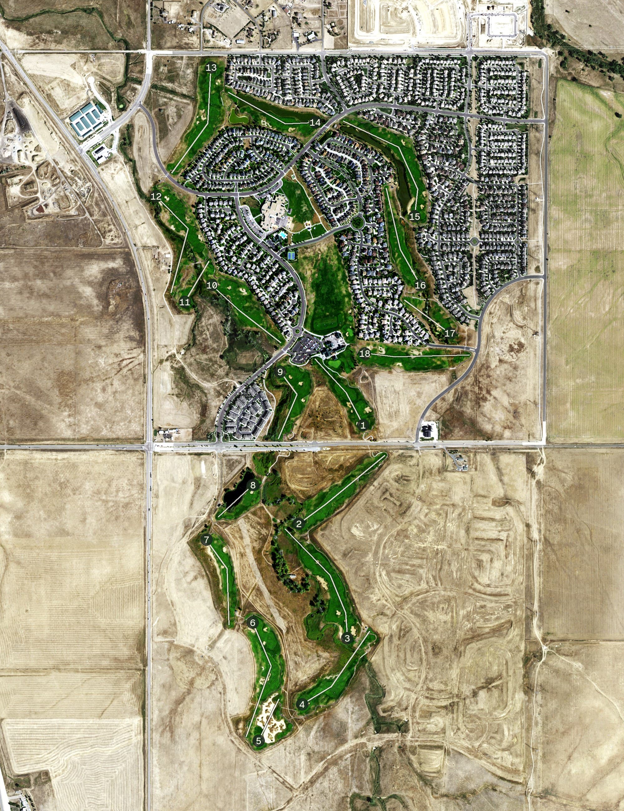 Aerial view of Murphy Creek Golf Course, CO, with its hole routing marked
