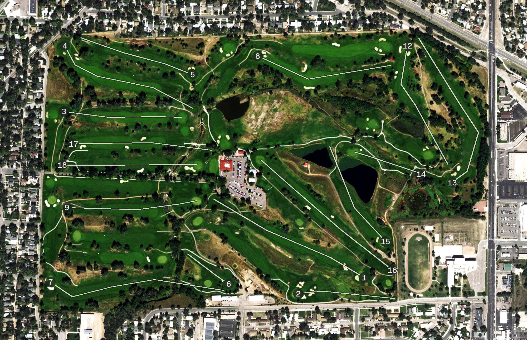 Aerial view of Patty Jewett Municipal Golf Course, CO, with its hole routing marked
