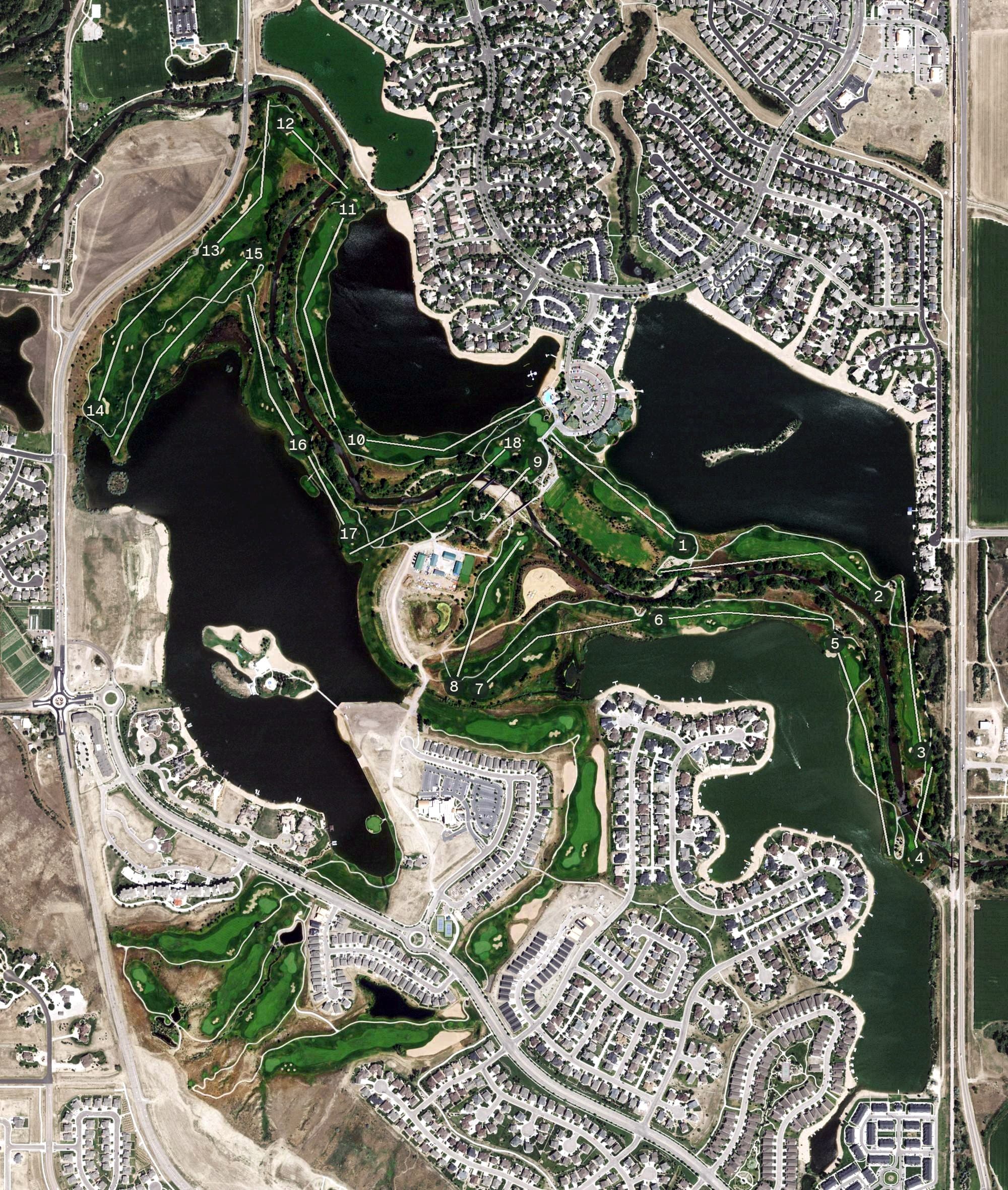 Aerial view of Pelican Lakes Golf Course, CO, with its hole routing marked