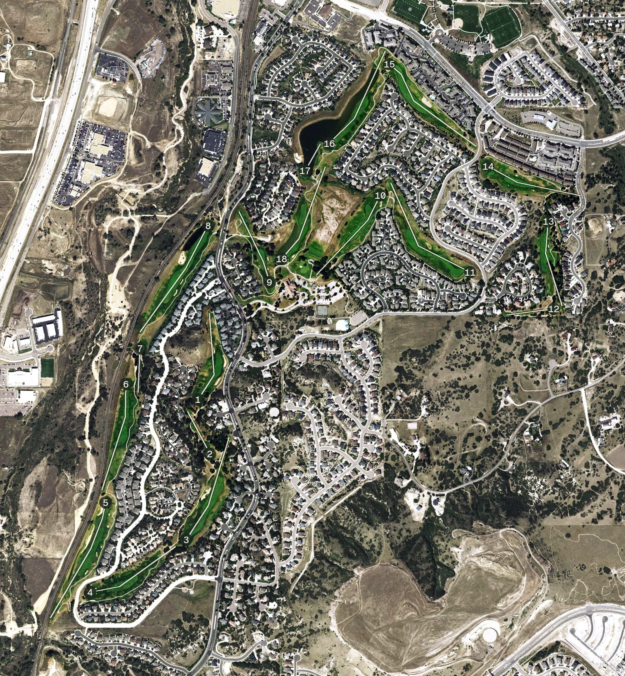 Aerial view of Plum Creek Golf Club, CO, with its hole routing marked