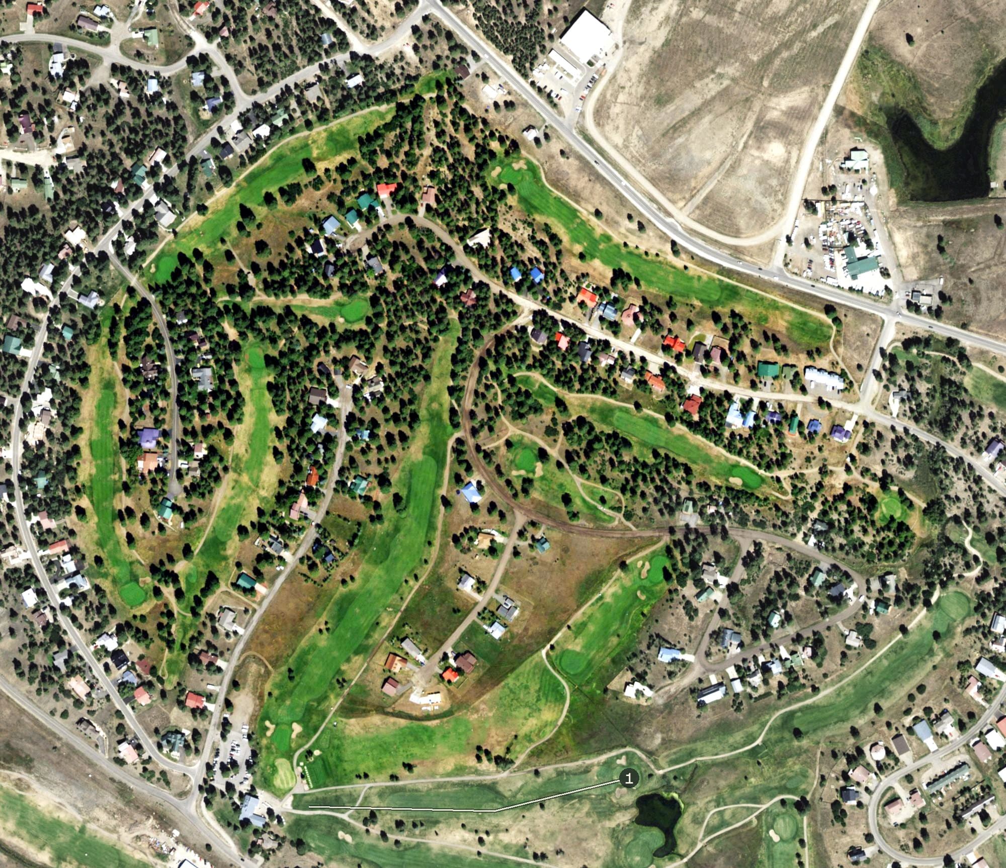 Aerial view of Ponderosa, CO, with its hole routing marked