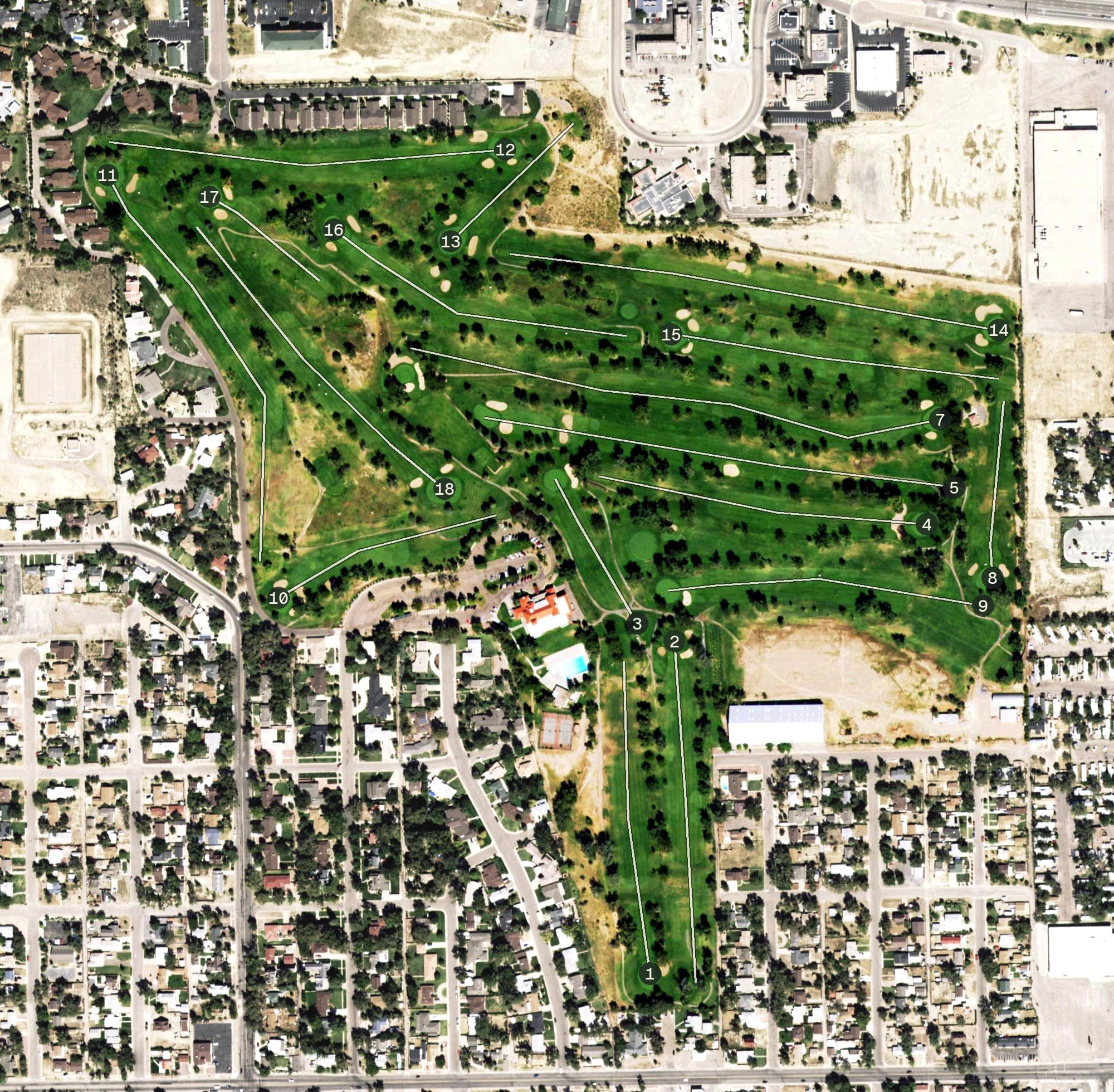 Aerial view of Pueblo Country Club, CO, with its hole routing marked