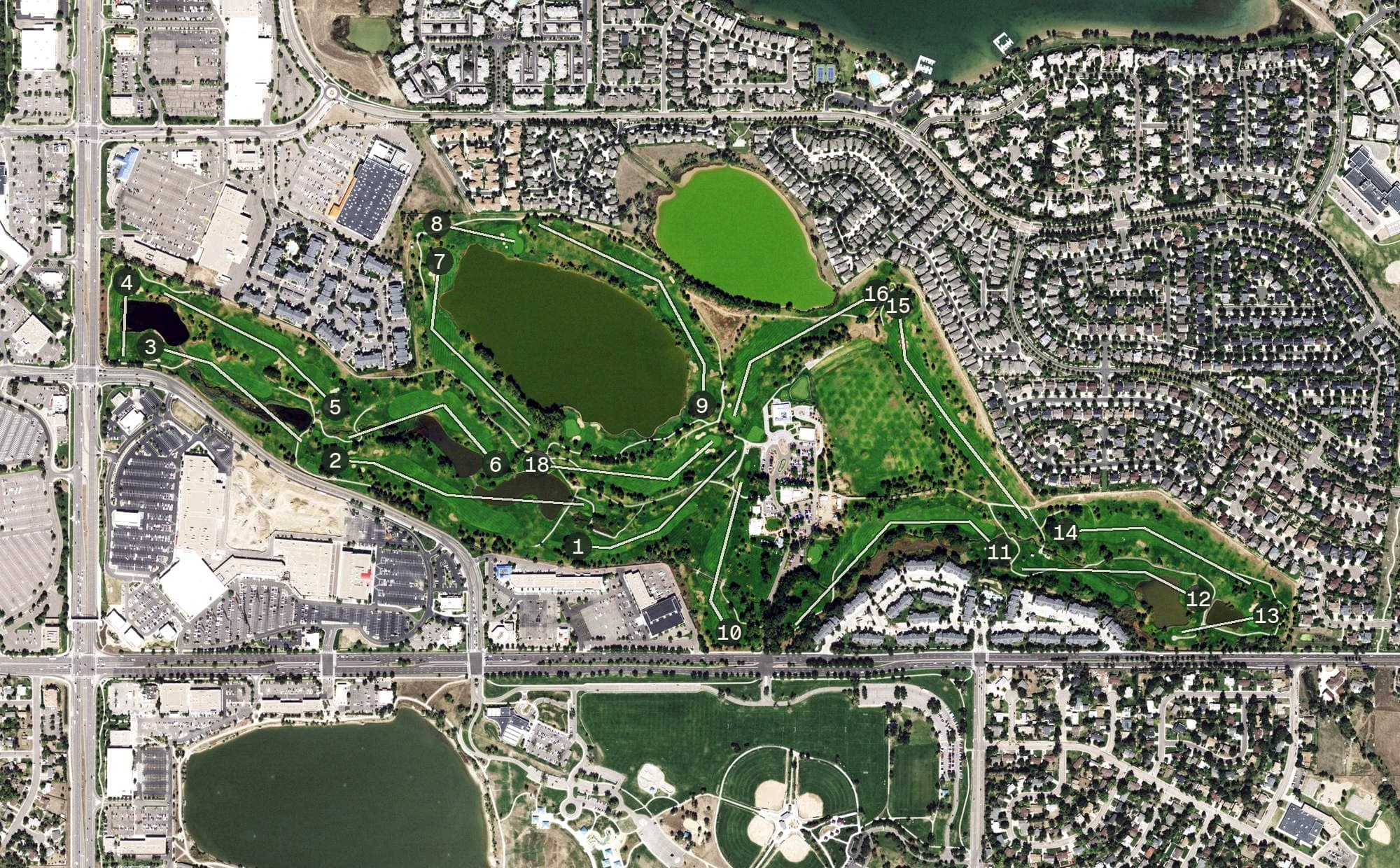 Aerial view of Racoon Creek, CO, with its hole routing marked