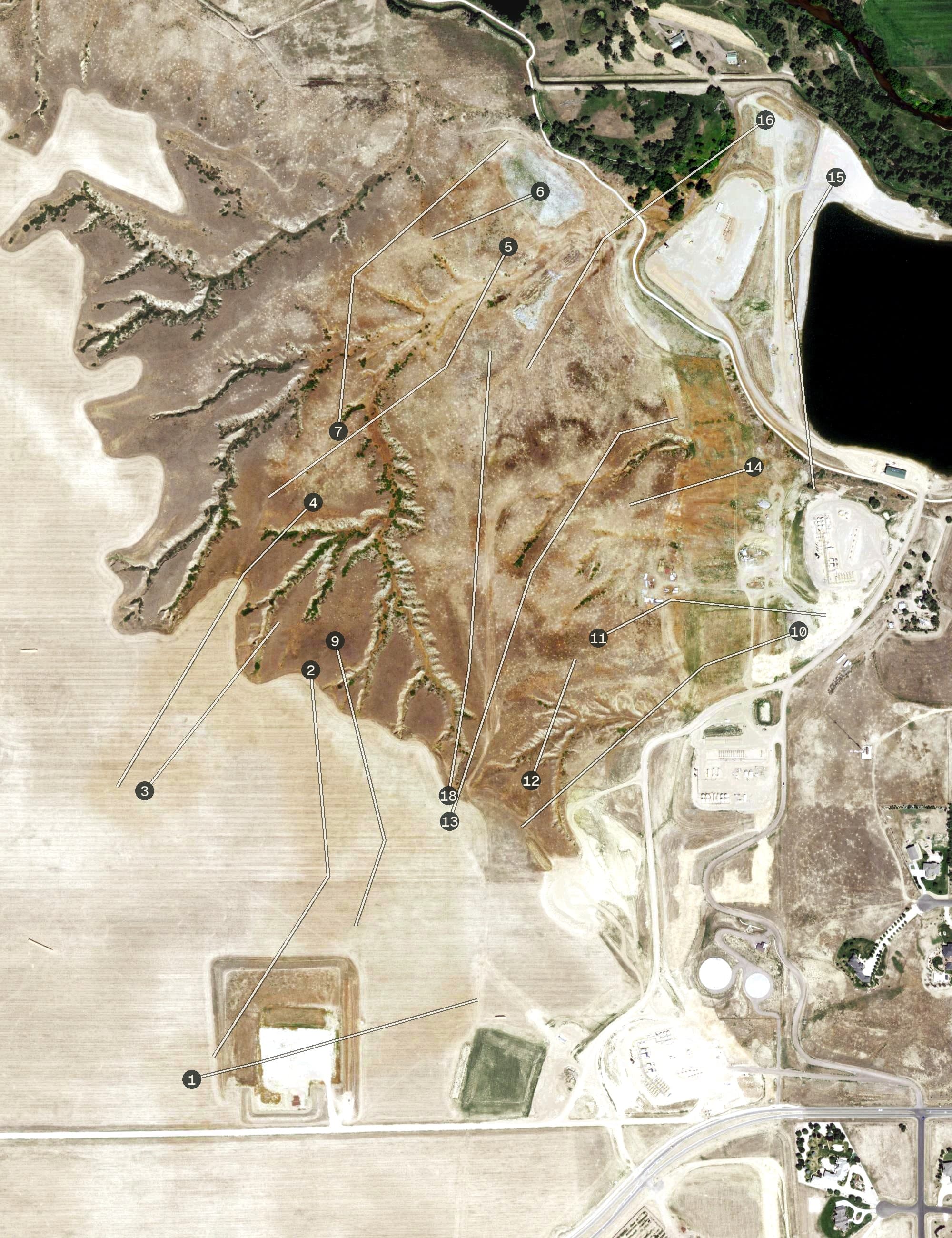 Aerial view of RainDance National Golf Course, CO, with its hole routing marked