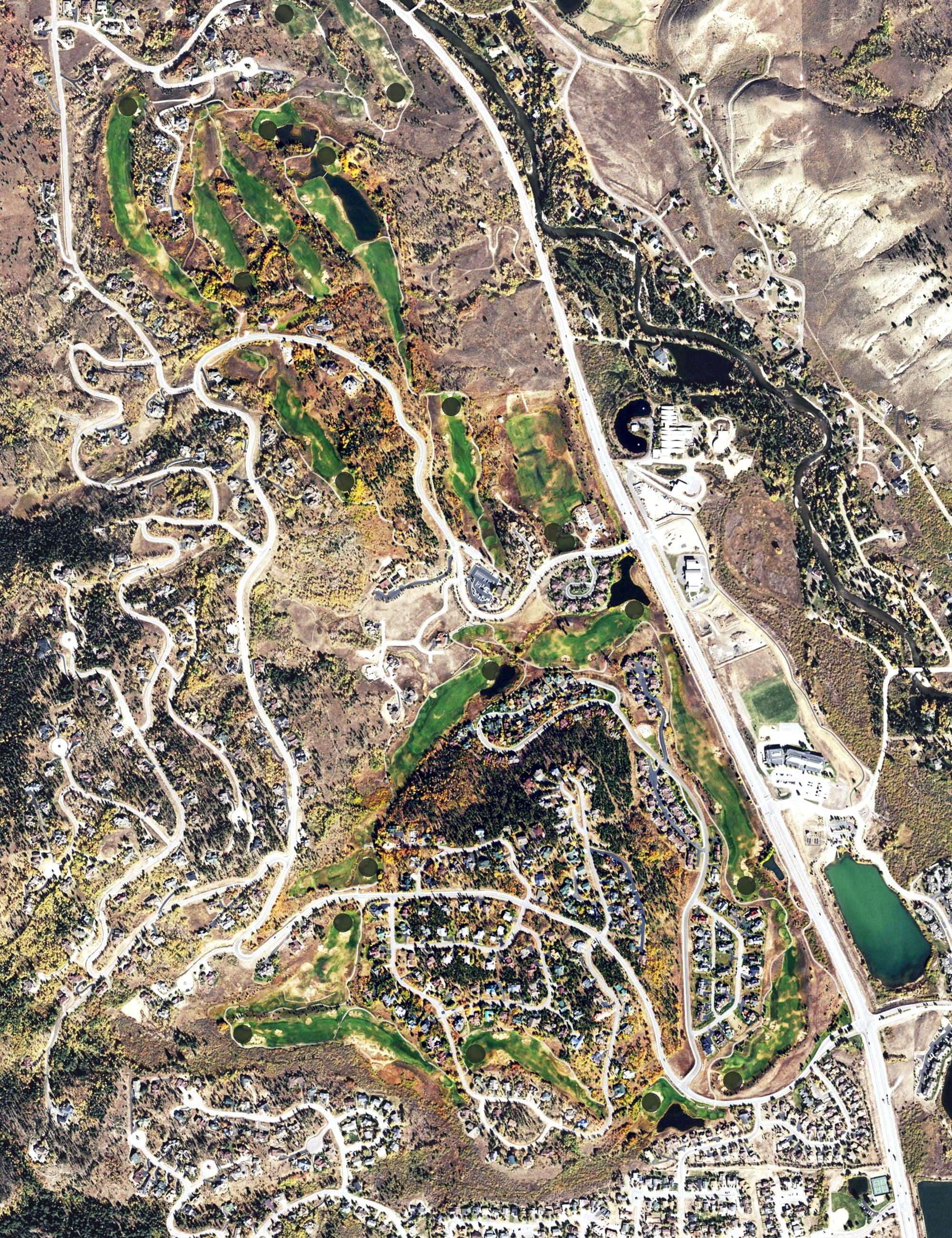 Aerial view of Raven Golf Course at Three Peaks, CO, with its hole routing marked