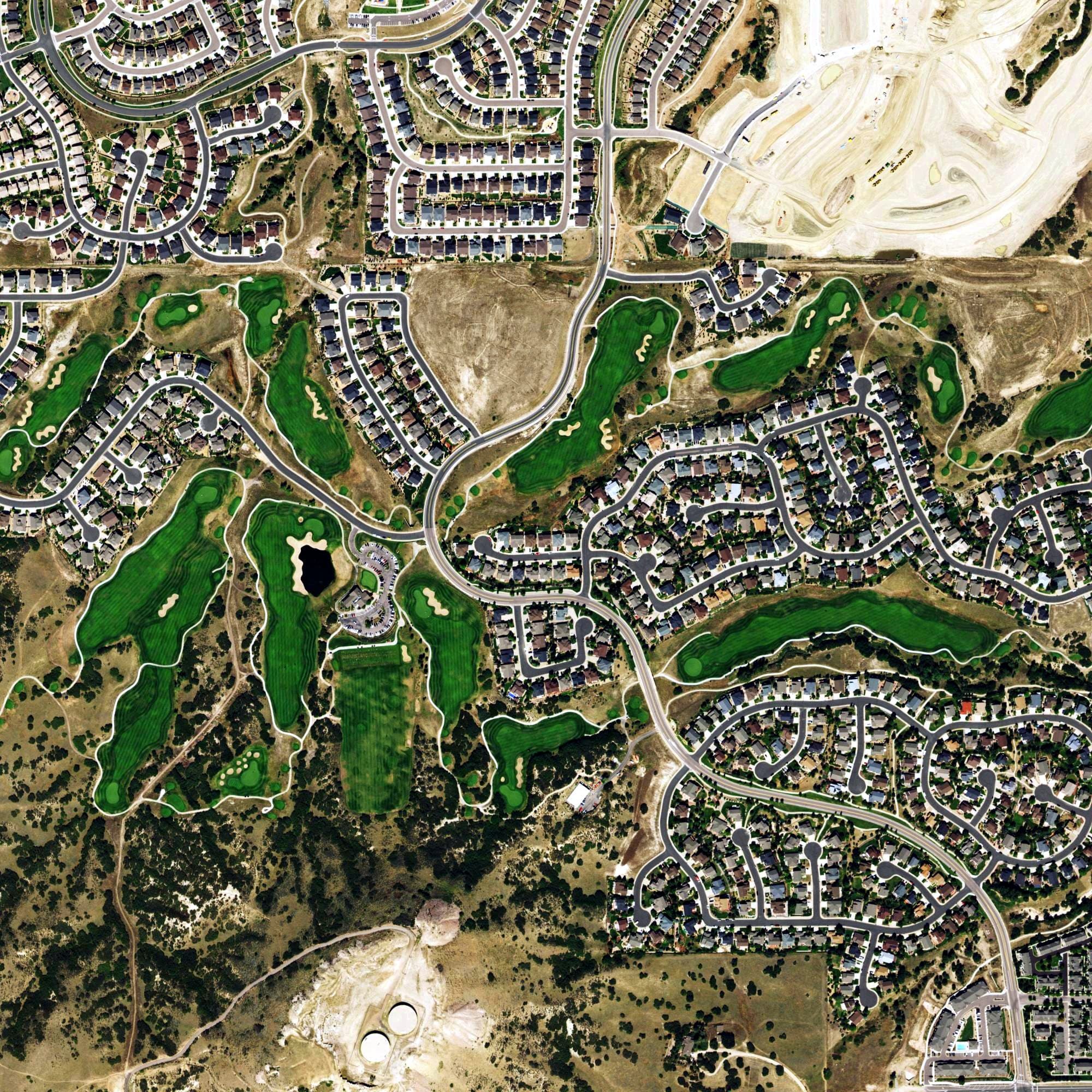 Aerial view of Red Hawk Ridge Golf Course, CO, with its hole routing marked