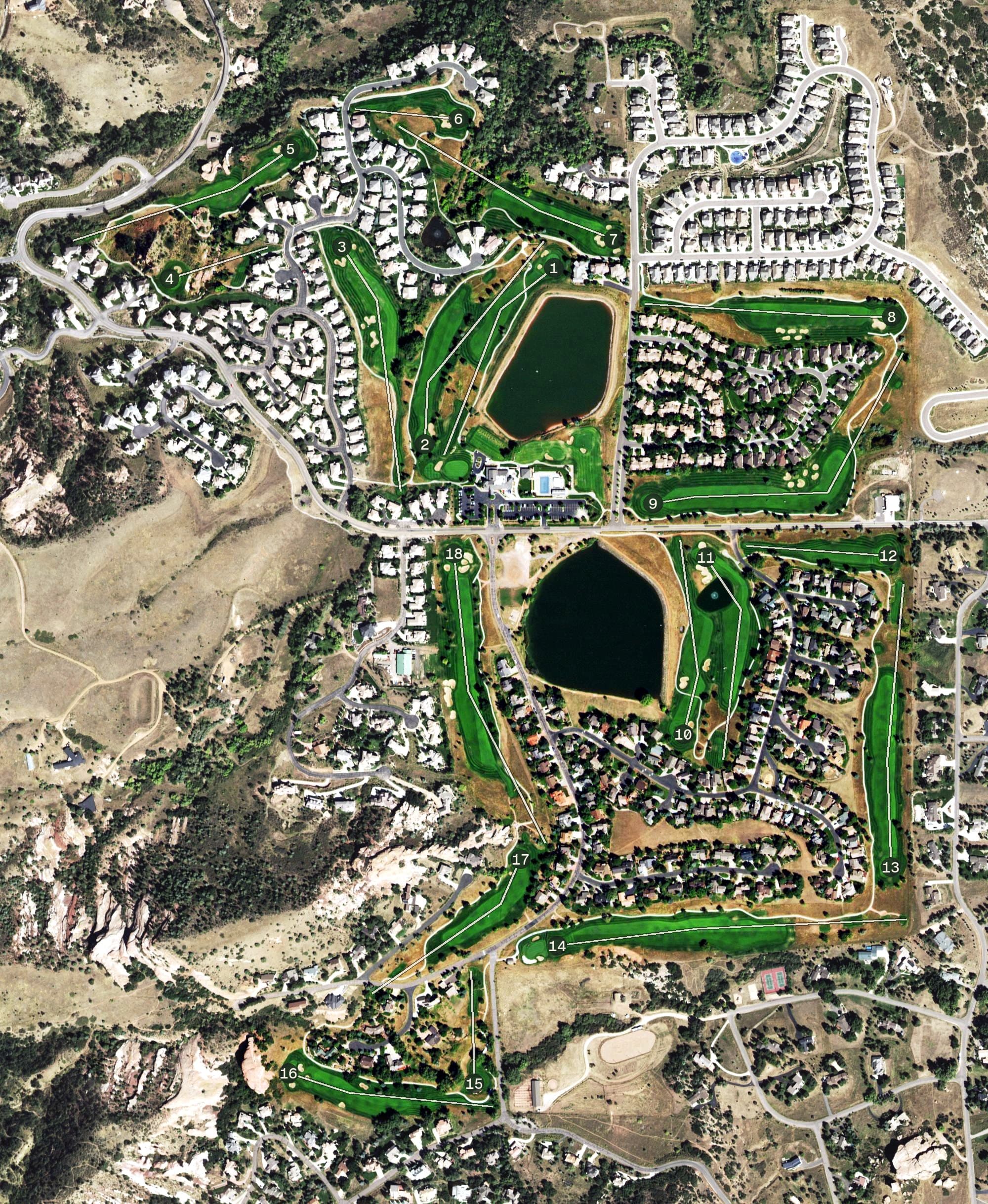 Aerial view of Red Rocks Country Club, CO, with its hole routing marked