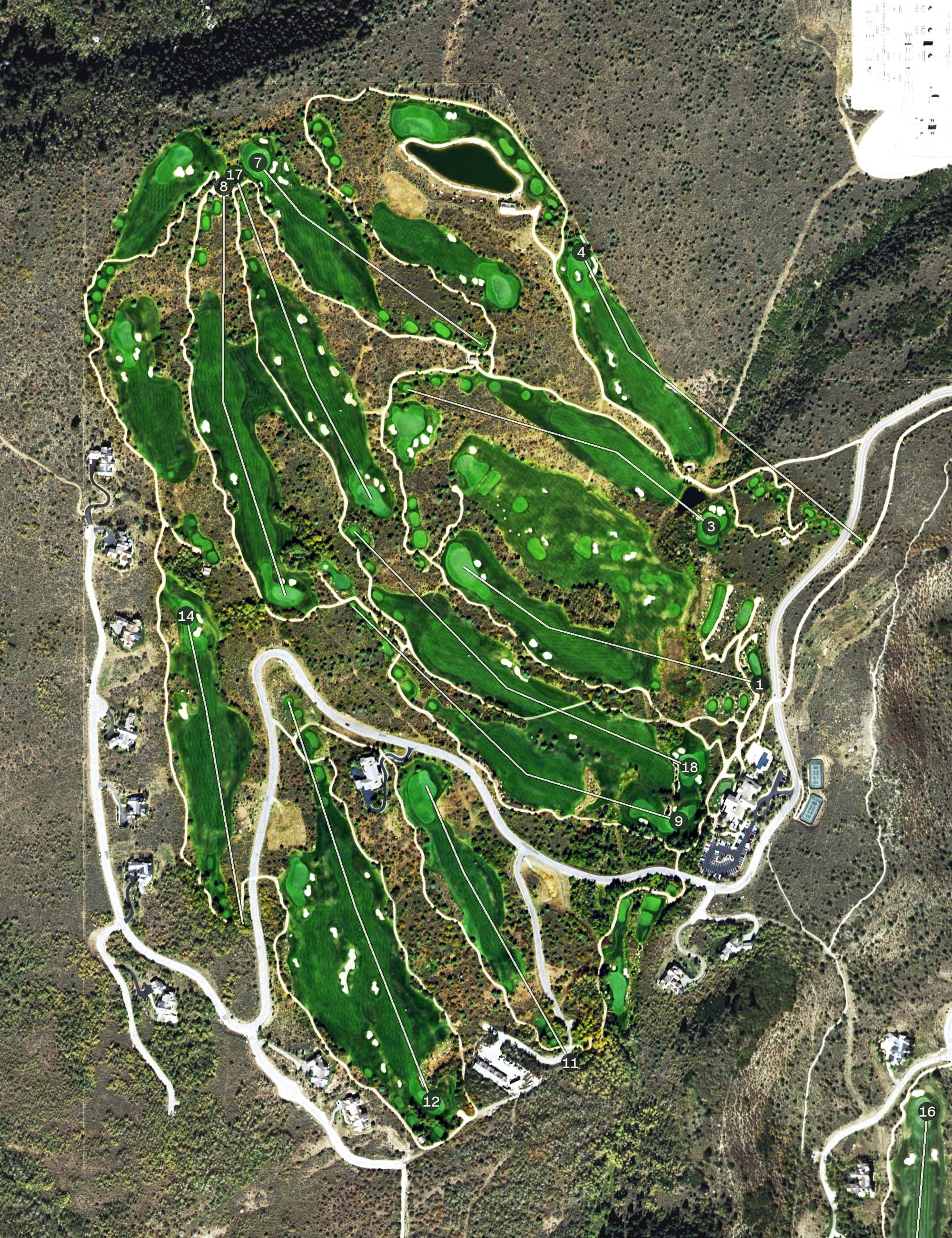Aerial view of Red Sky Ranch Golf Club- Greg Norman Course, CO, with its hole routing marked