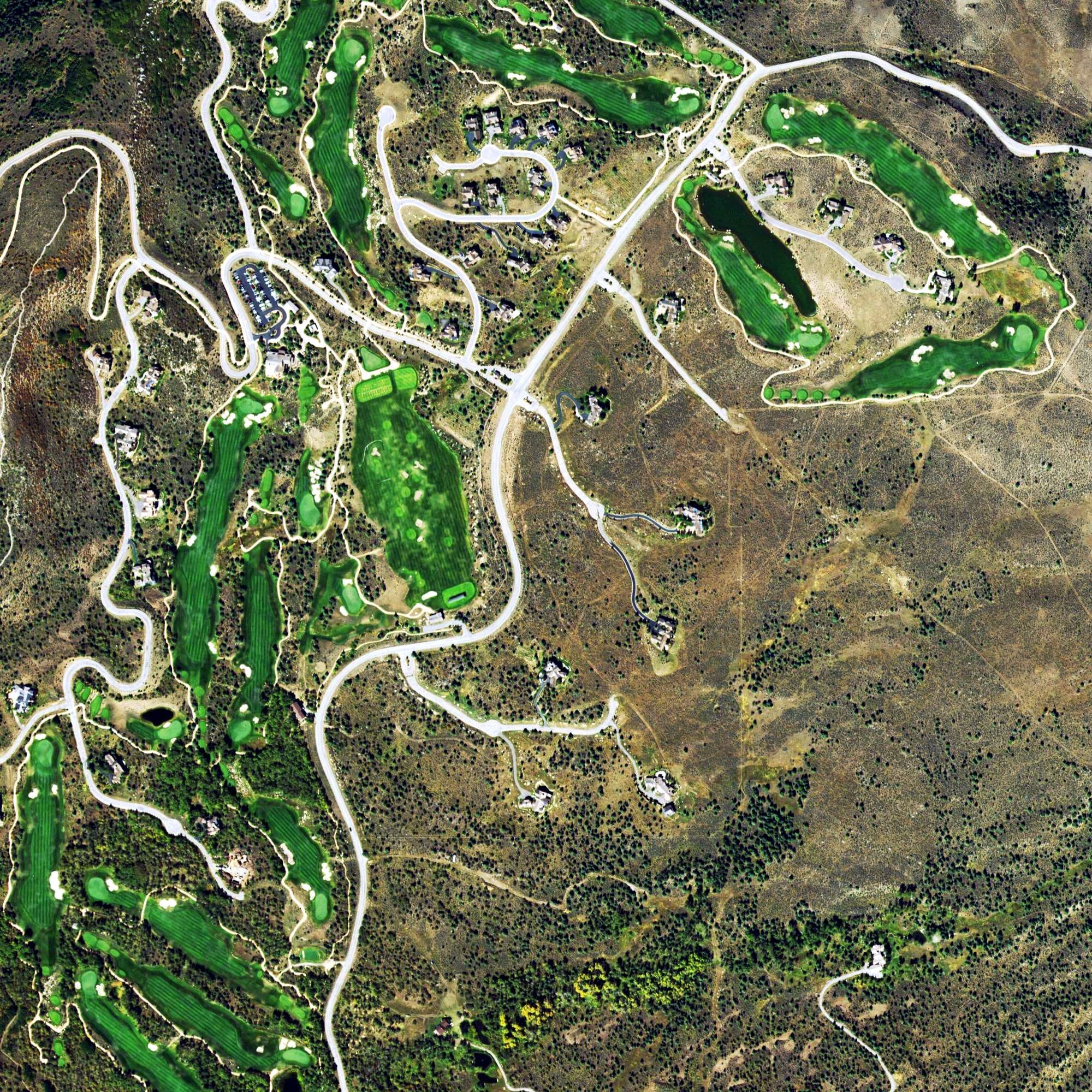 Aerial view of Red Sky Ranch Golf Club- Tom Fazio Course, CO, with its hole routing marked