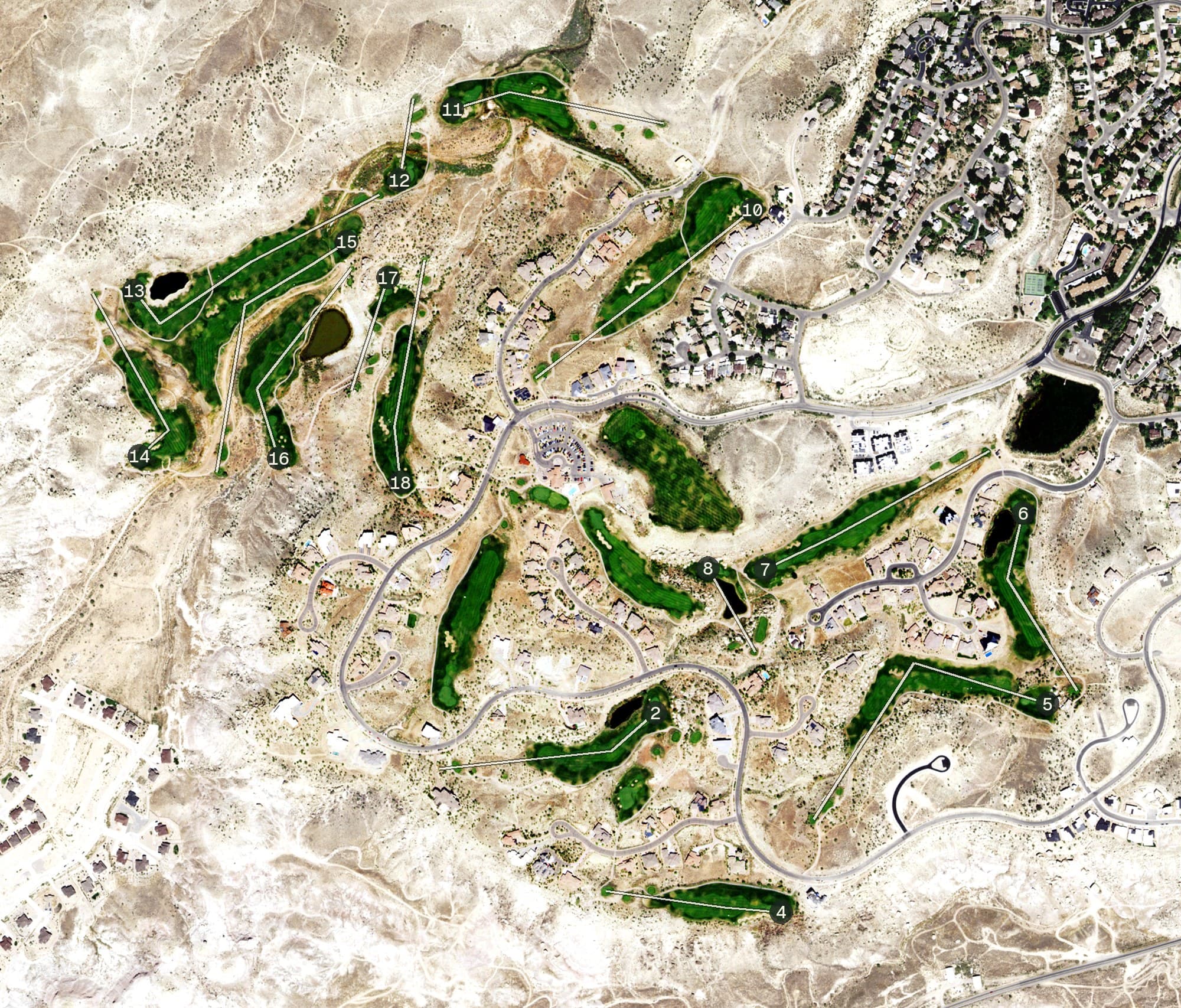 Aerial view of Redlands Mesa Golf Course, CO, with its hole routing marked