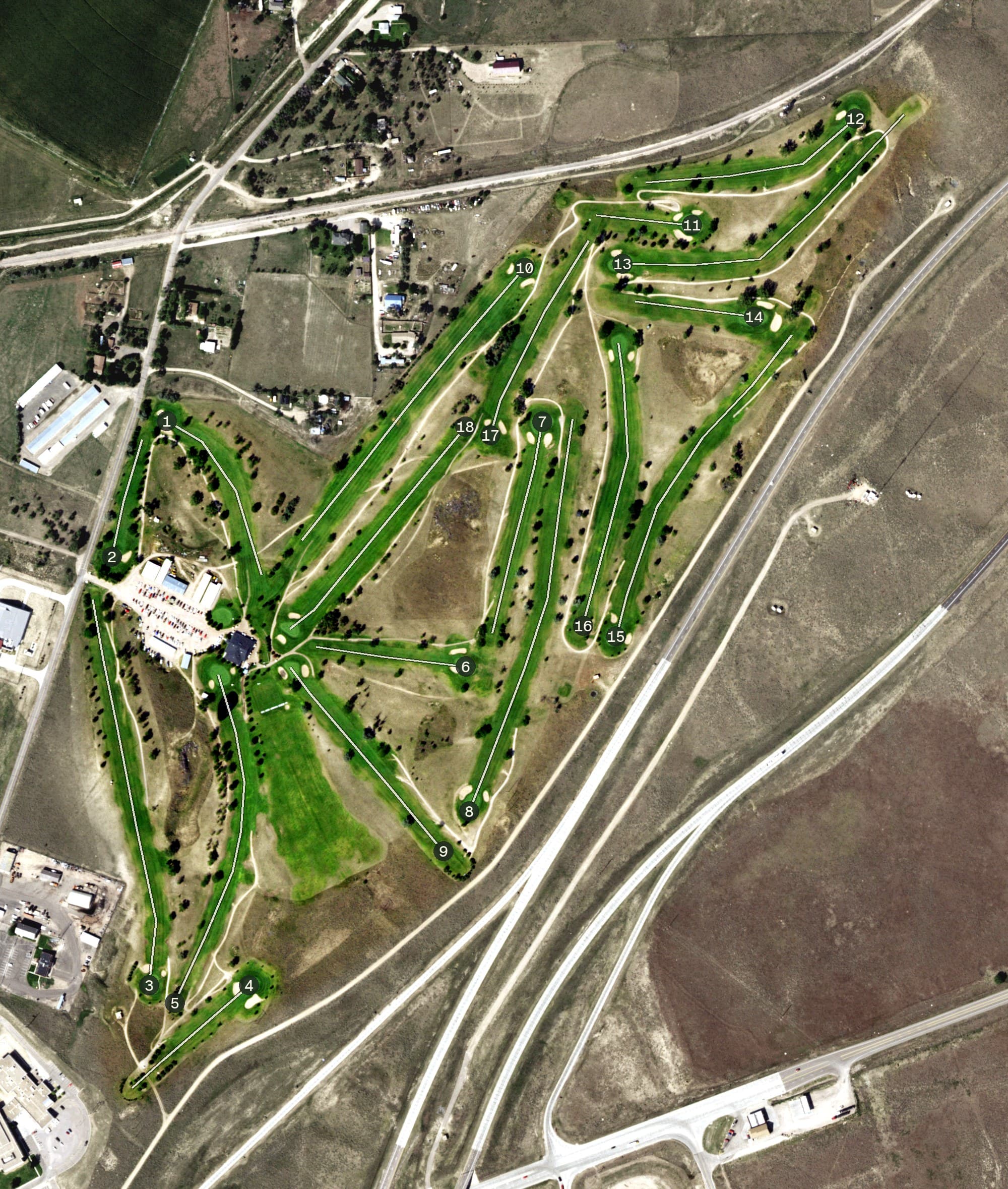 Aerial view of Riverview Golf Club, CO, with its hole routing marked