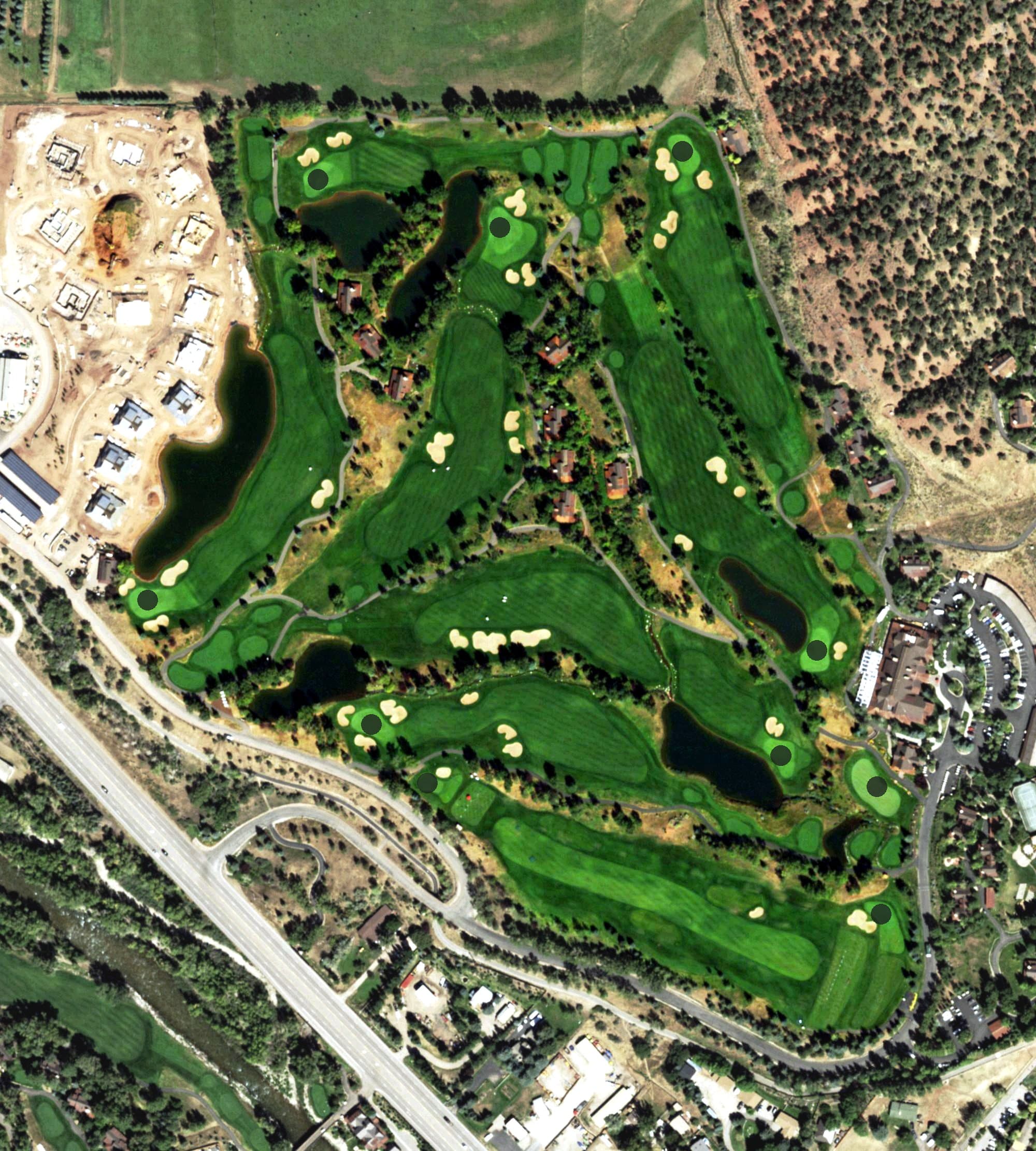 Aerial view of Roaring Fork Club, CO, with its hole routing marked