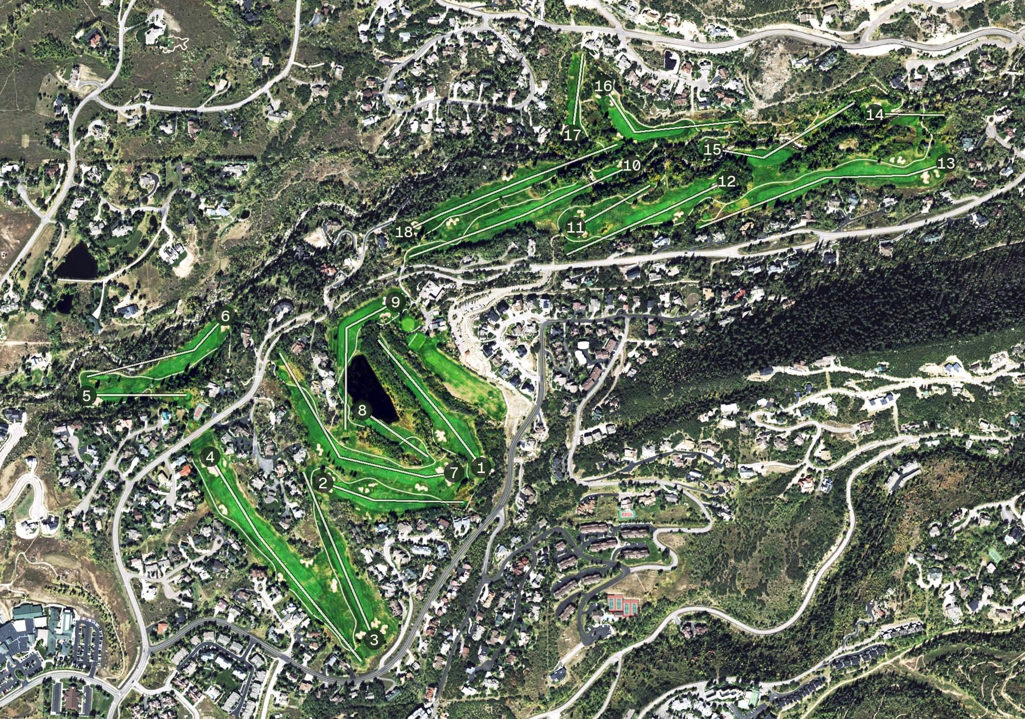 Aerial view of Rollingstone Ranch Golf Course, CO, with its hole routing marked