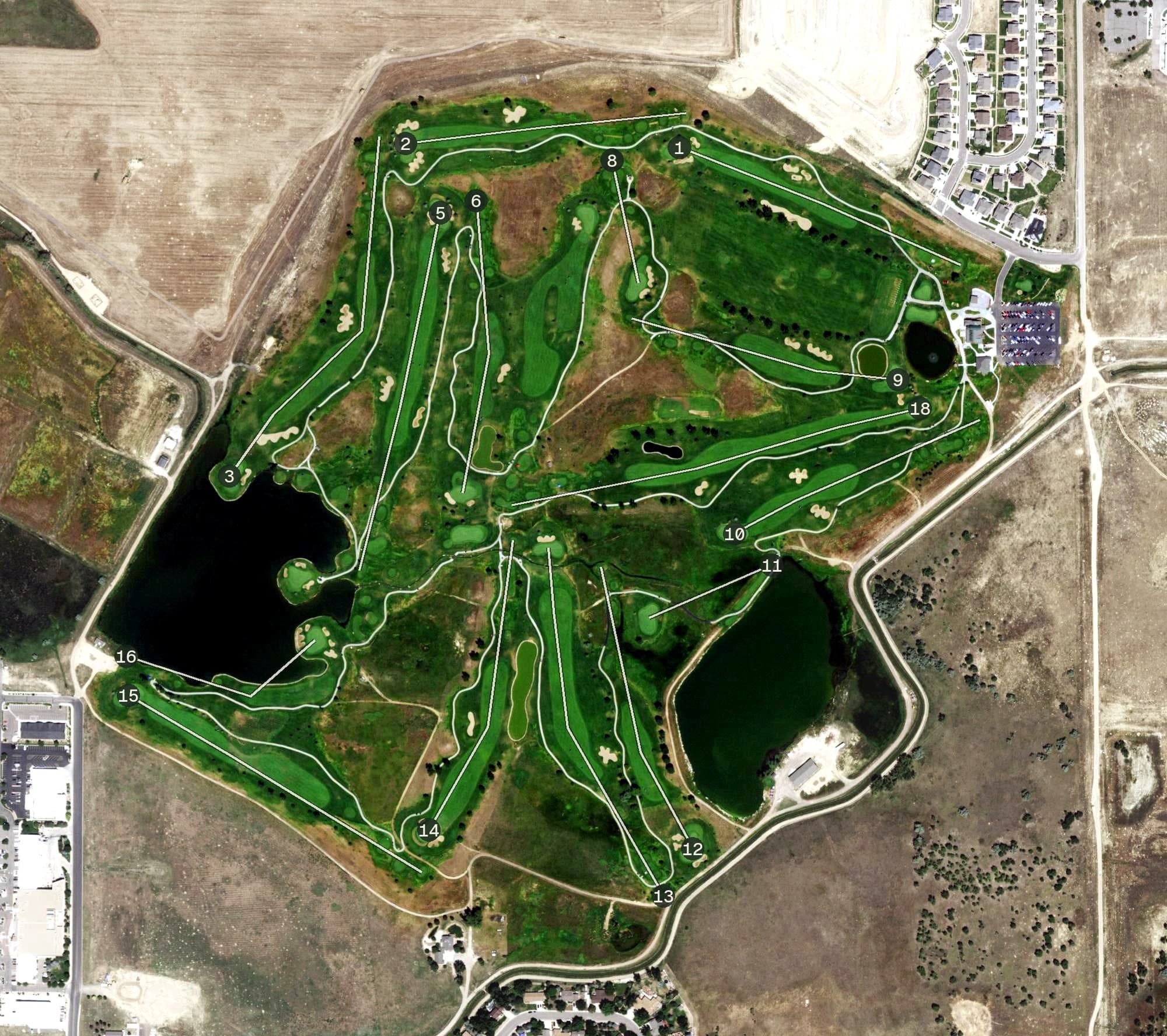 Aerial view of Saddleback Golf Course, CO, with its hole routing marked
