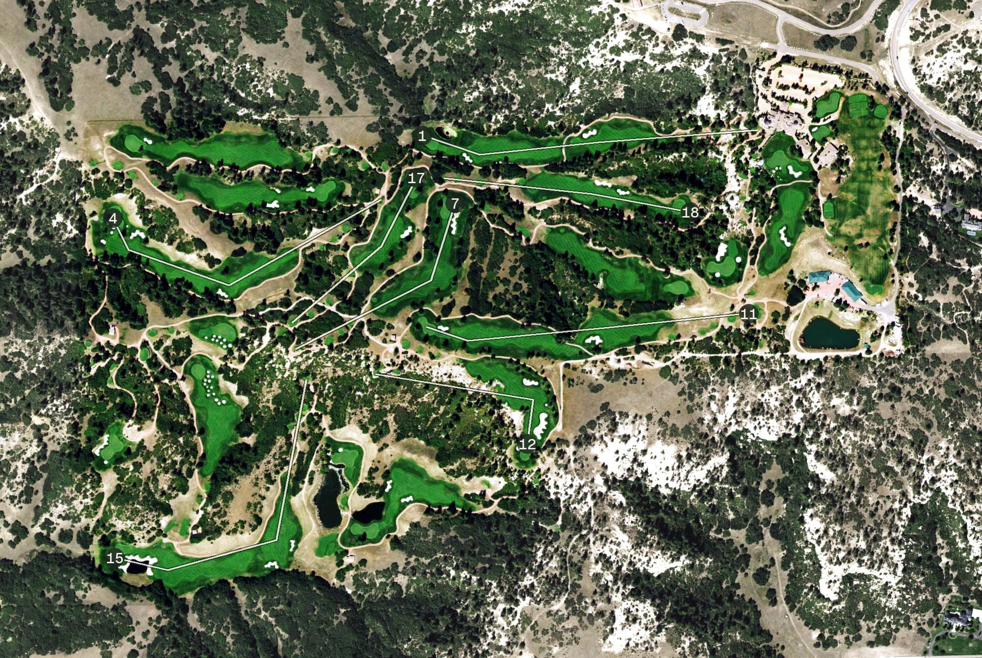 Aerial view of Sanctuary, CO, with its hole routing marked
