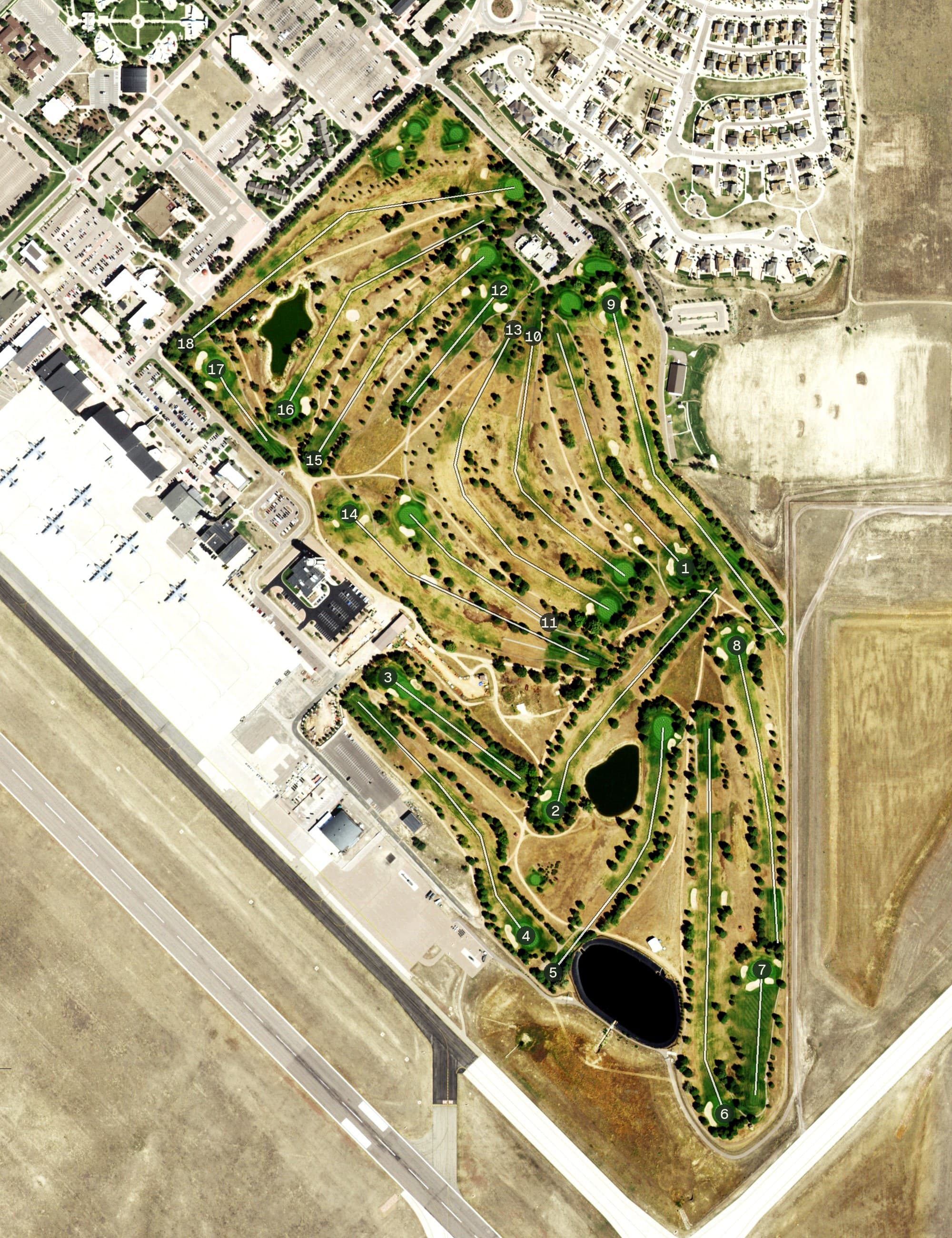 Aerial view of Silver Spruce Golf Course, CO, with its hole routing marked