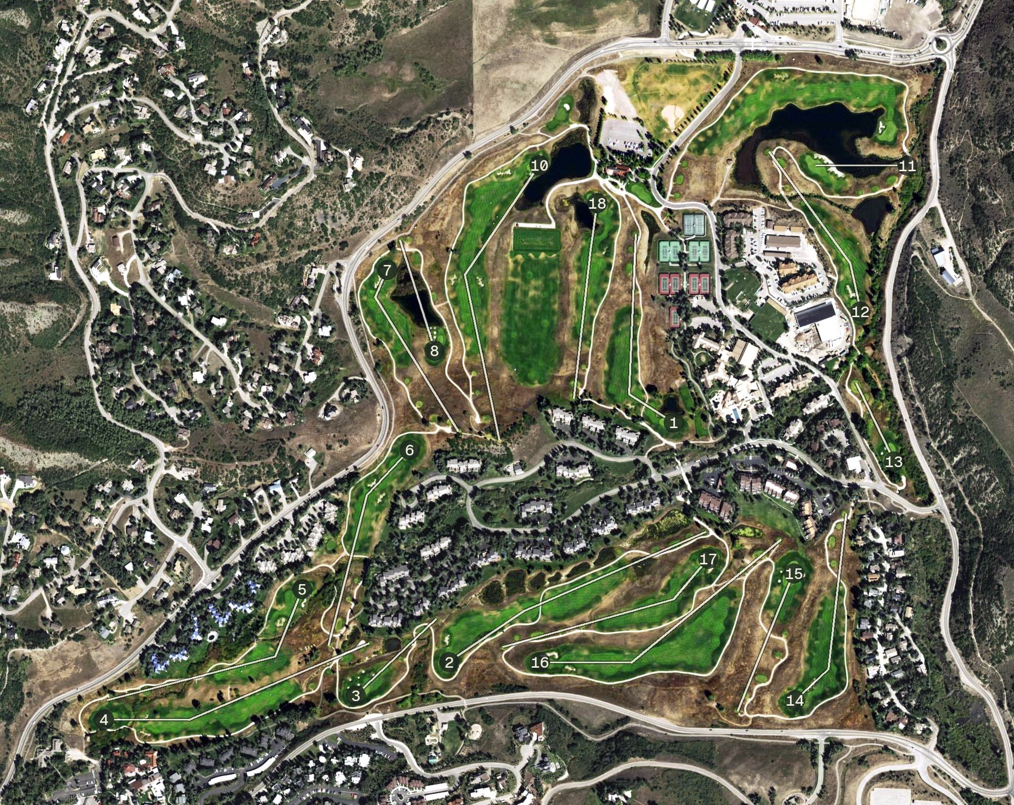 Aerial view of Snowmass Club, CO, with its hole routing marked