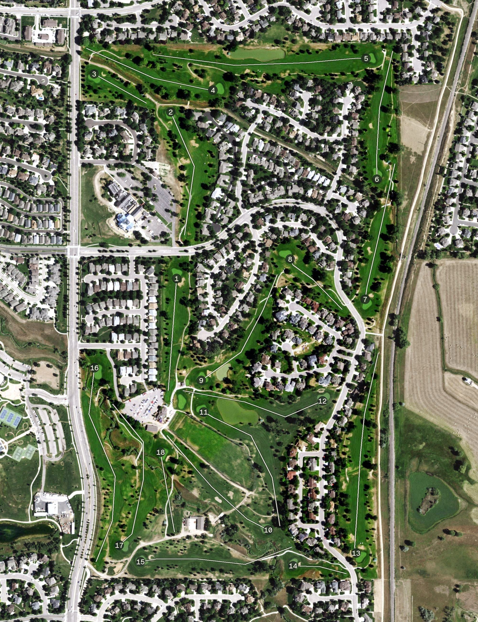 Aerial view of Southridge Golf Course, CO, with its hole routing marked