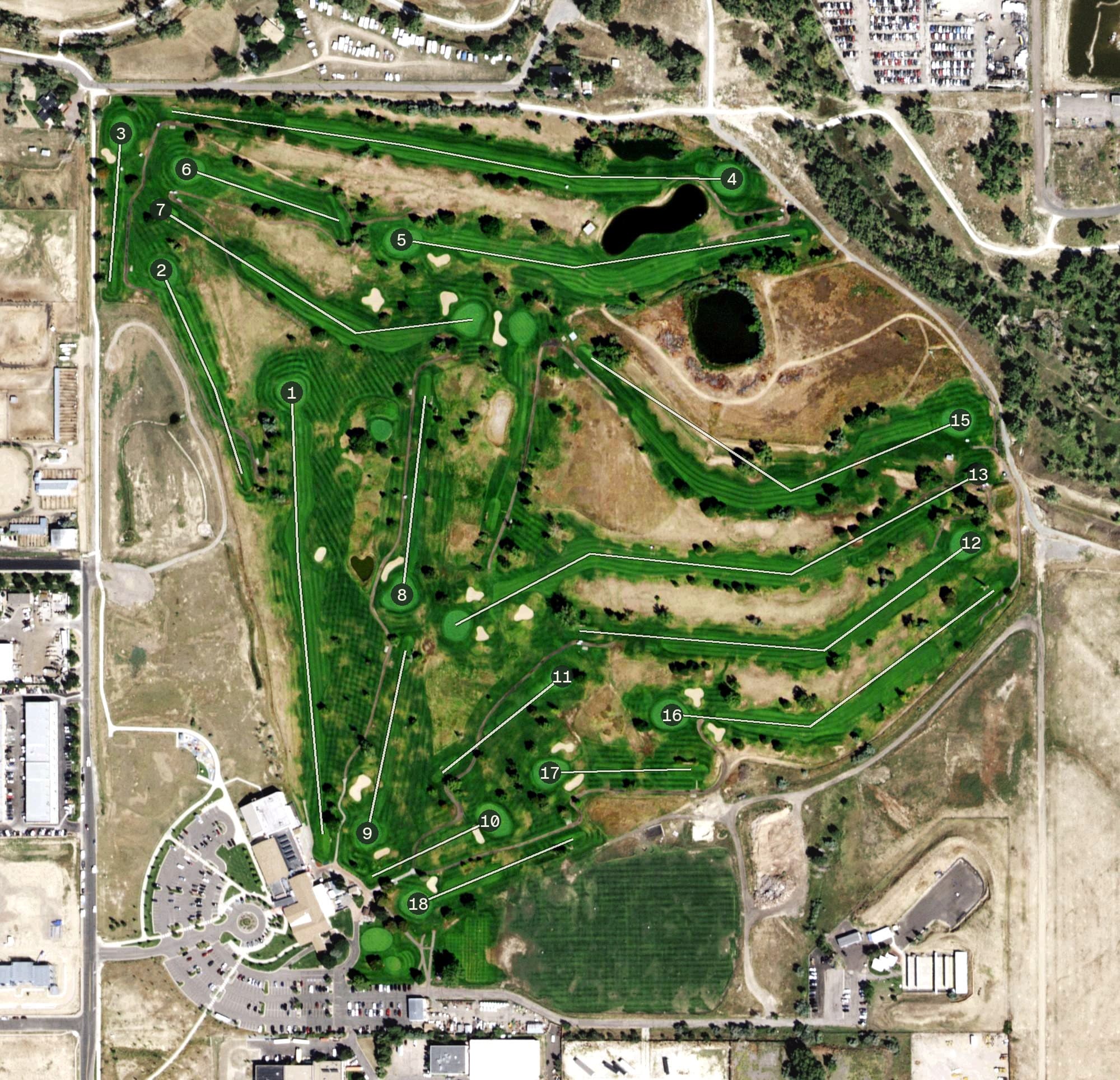 Aerial view of Springhill Golf Course, CO, with its hole routing marked