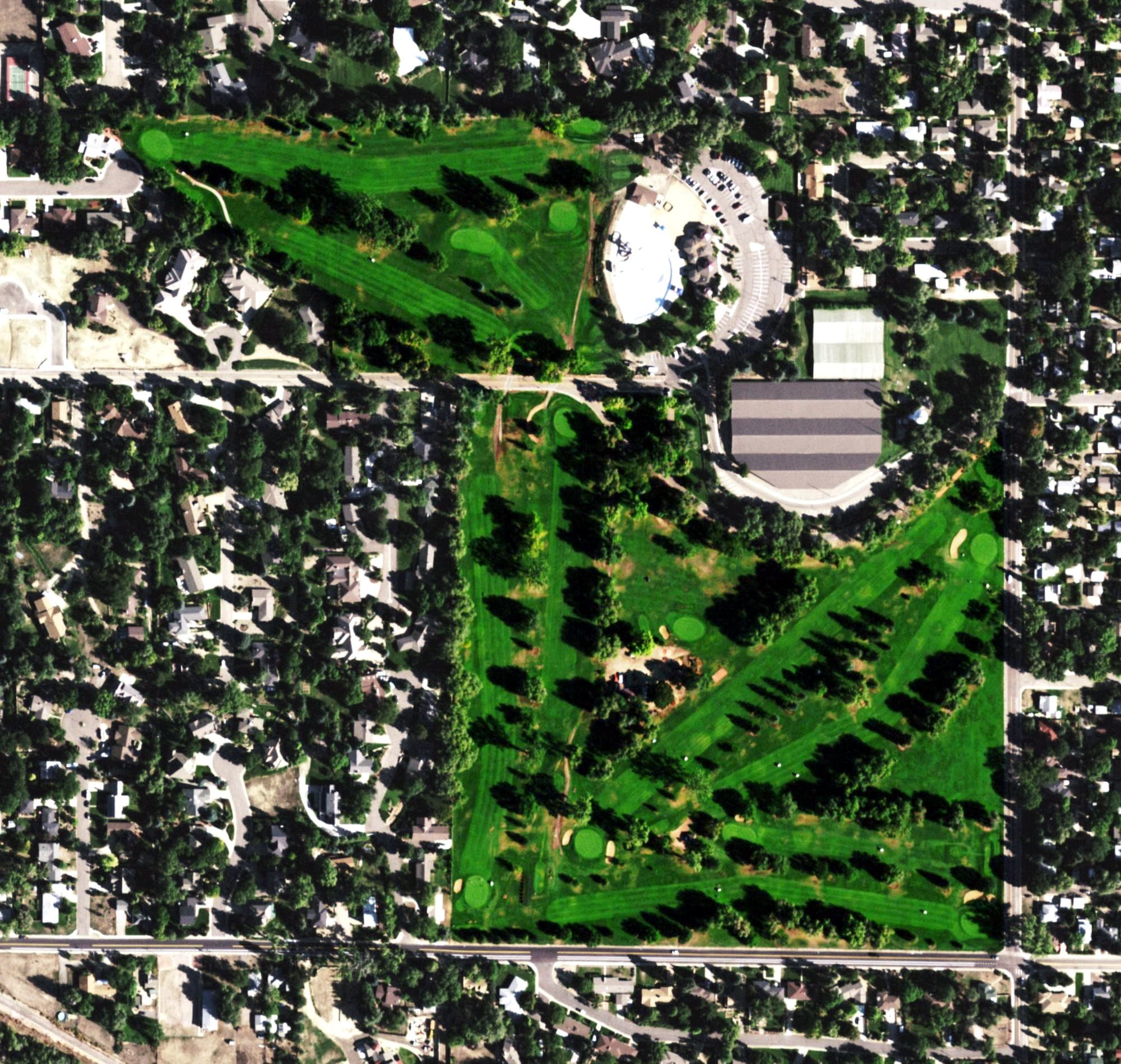 Aerial view of Sunset Golf Course, CO, with its hole routing marked