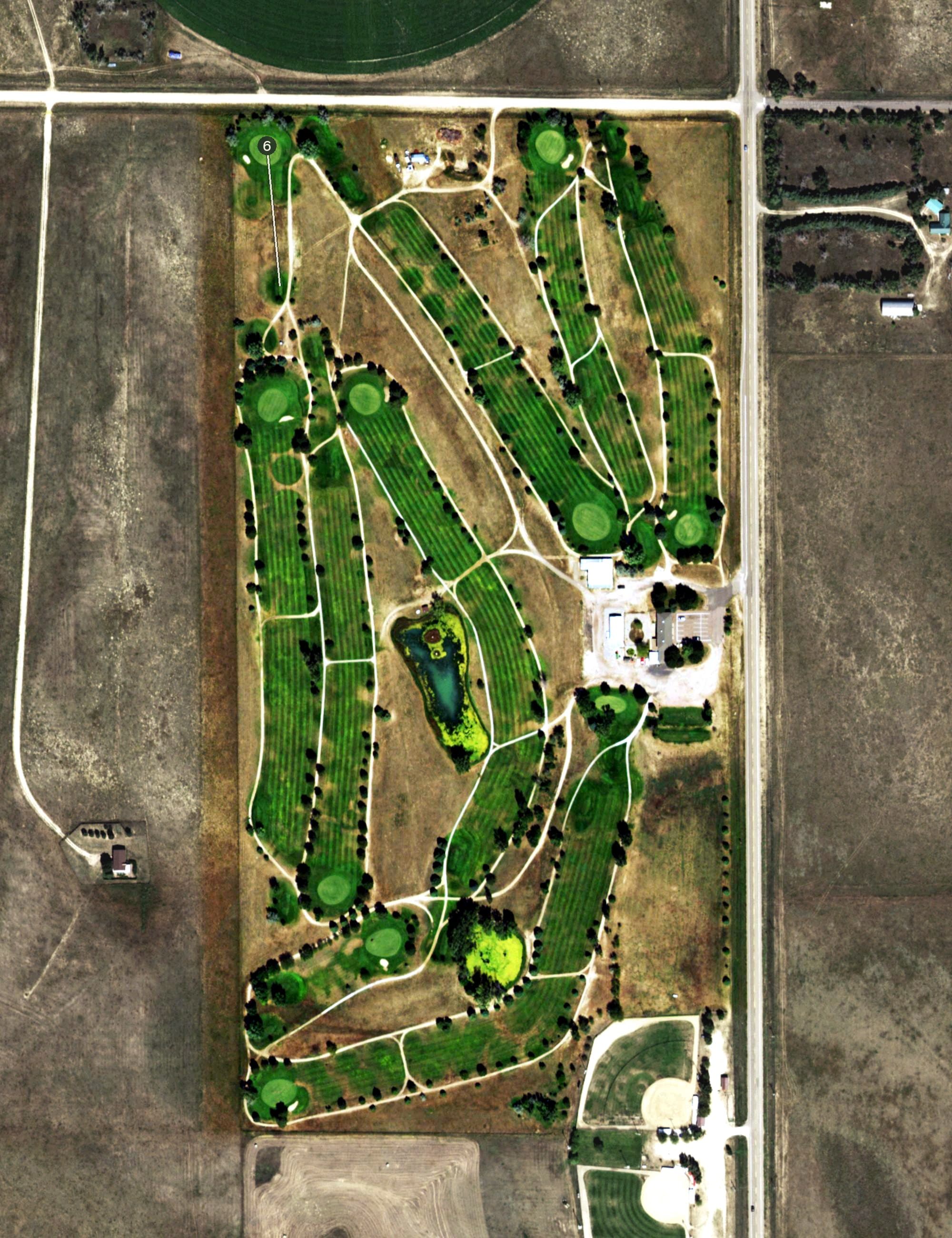 Aerial view of Tamarack Golf Course, CO, with its hole routing marked