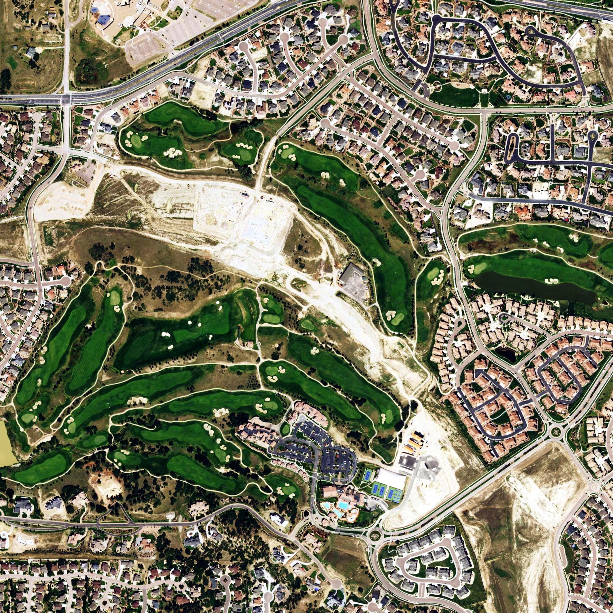 Aerial view of The Club at Flying Horse, CO, with its hole routing marked