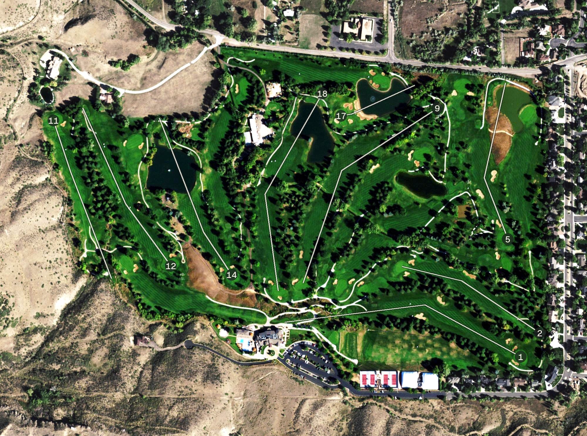Aerial view of The Club at Rolling Hills, CO, with its hole routing marked