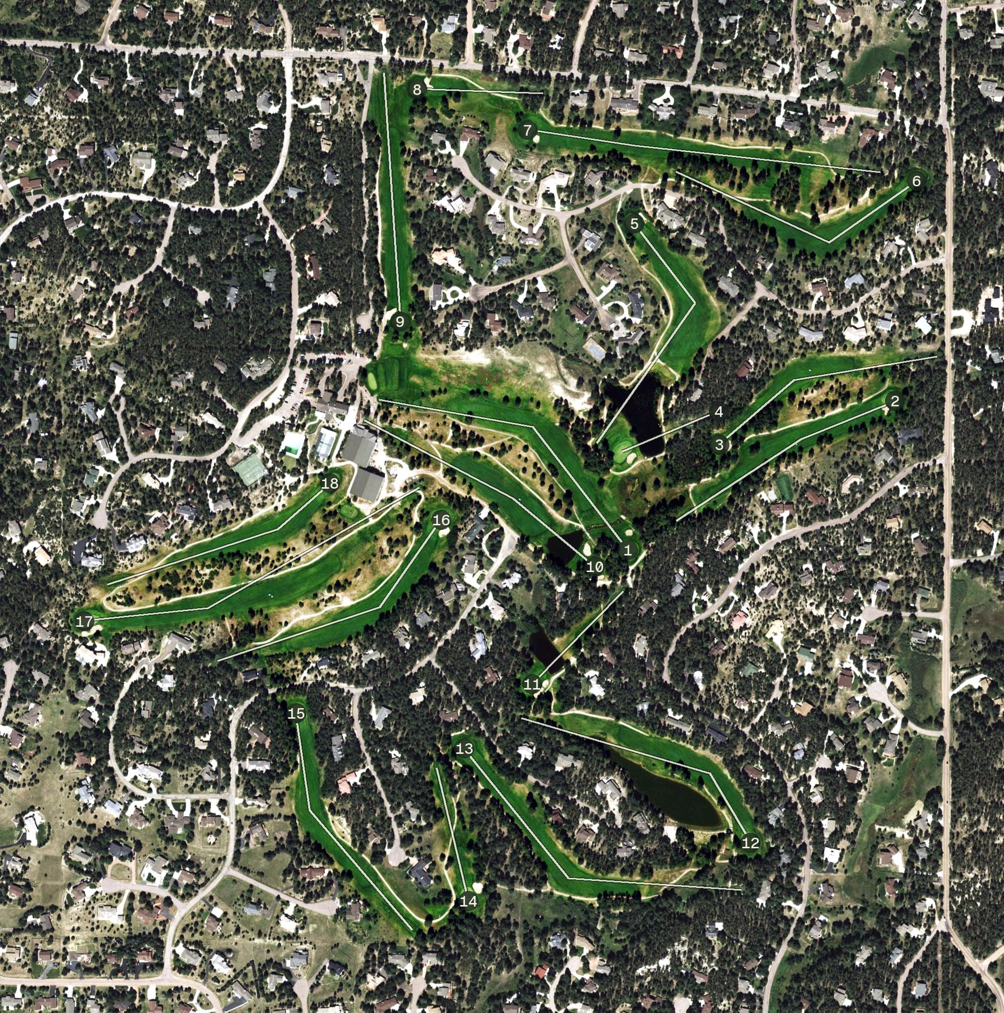 Aerial view of The Country Club at Woodmoor, CO, with its hole routing marked