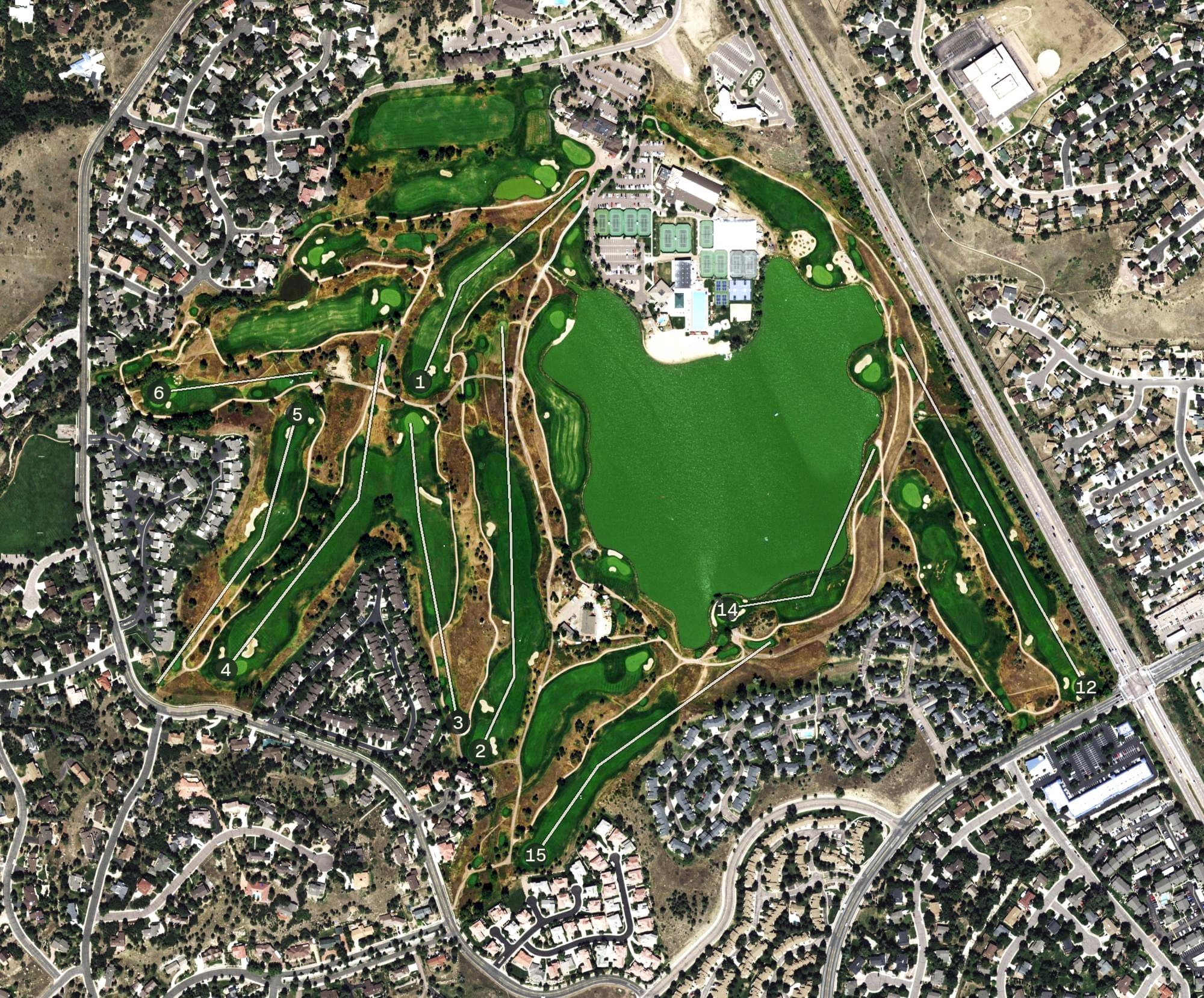 Aerial view of The Country Club of Colorado, CO, with its hole routing marked