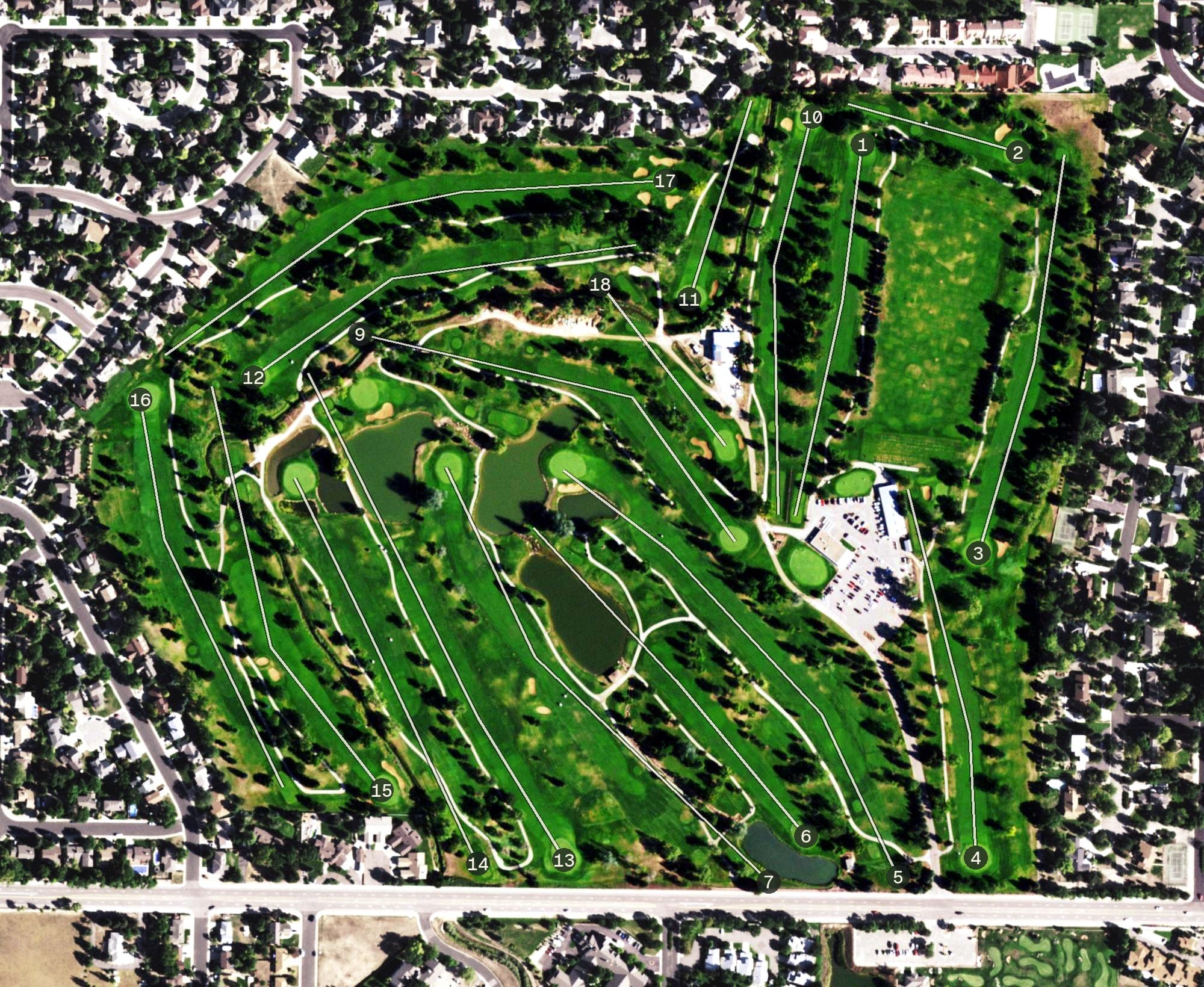 Aerial view of The Olde Course, CO, with its hole routing marked