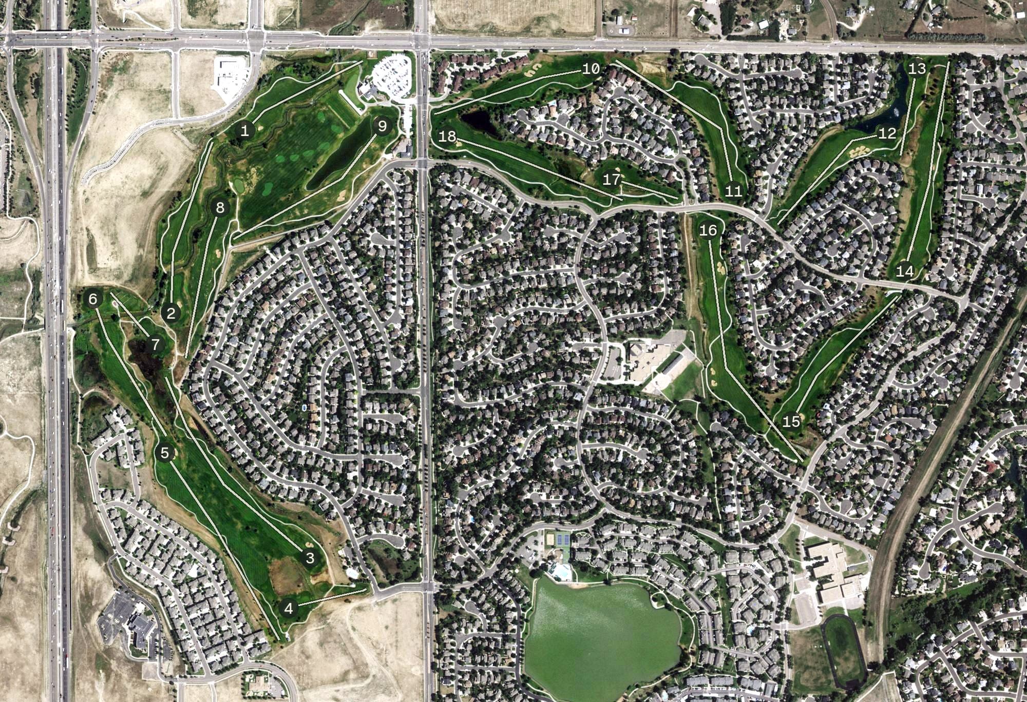 Aerial view of Thorncreek Golf Course, CO, with its hole routing marked